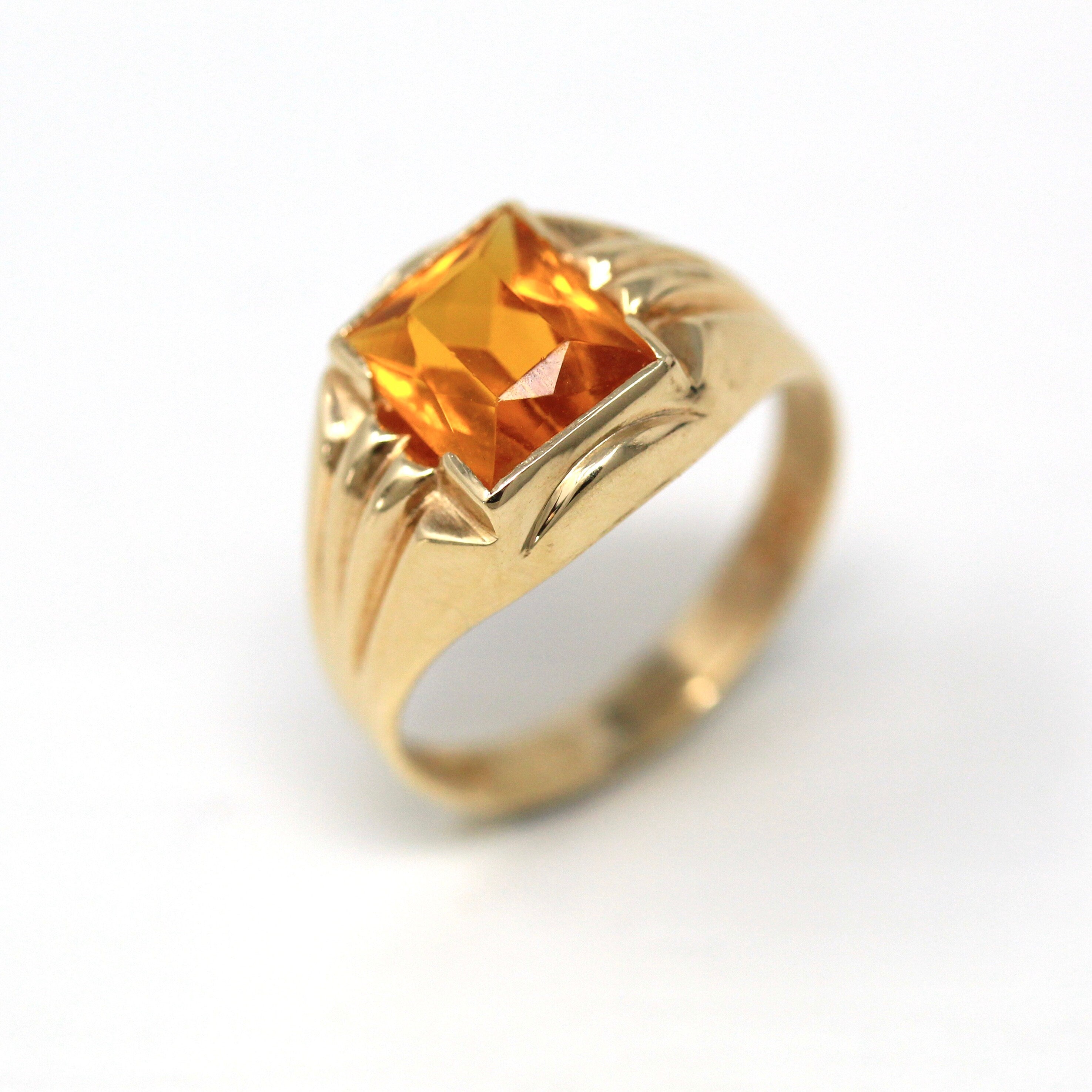 Simulated Citrine Ring - Retro 10k Yellow Gold Yellow Orange Faceted Glass Stone - Circa 1940s Size 5 November Birthstone Fine Jewelry