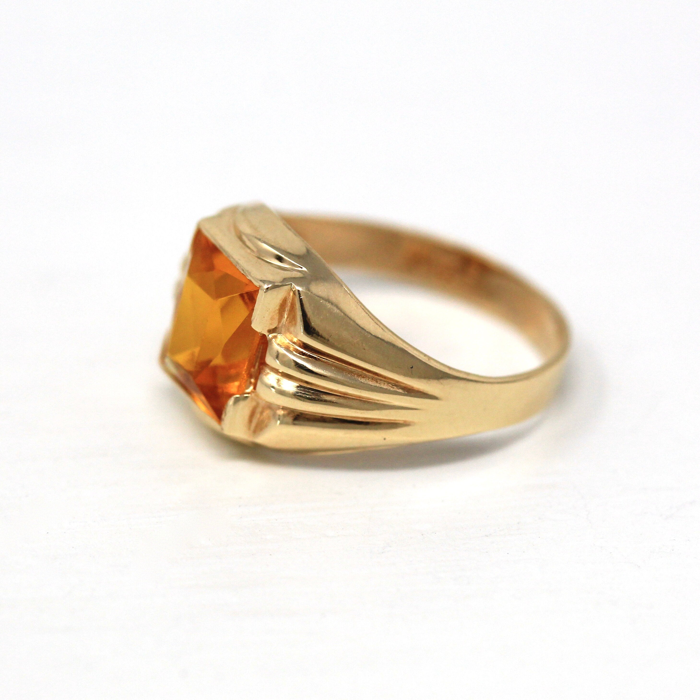 Simulated Citrine Ring - Retro 10k Yellow Gold Yellow Orange Faceted Glass Stone - Circa 1940s Size 5 November Birthstone Fine Jewelry