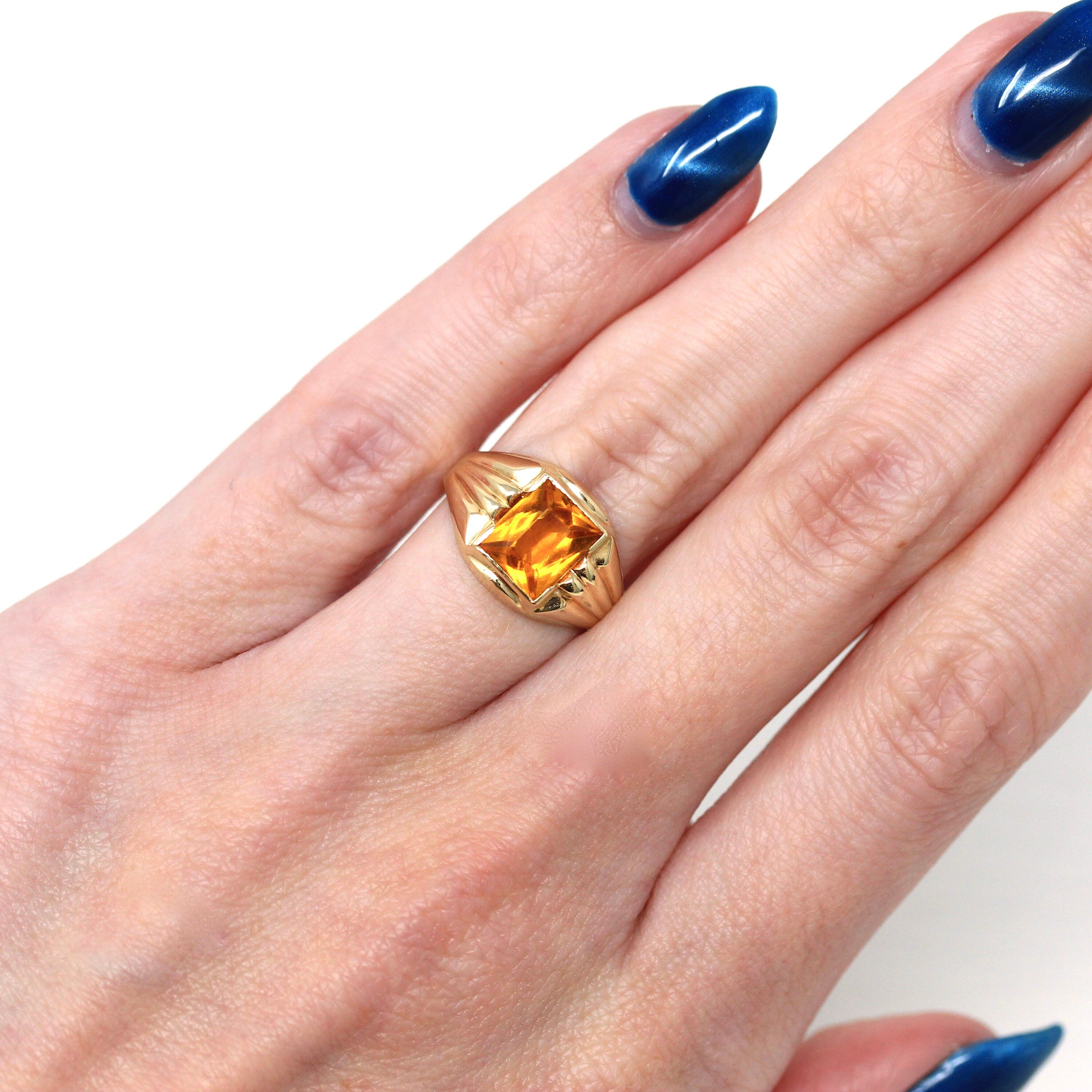 Simulated Citrine Ring - Retro 10k Yellow Gold Yellow Orange Faceted Glass Stone - Circa 1940s Size 5 November Birthstone Fine Jewelry