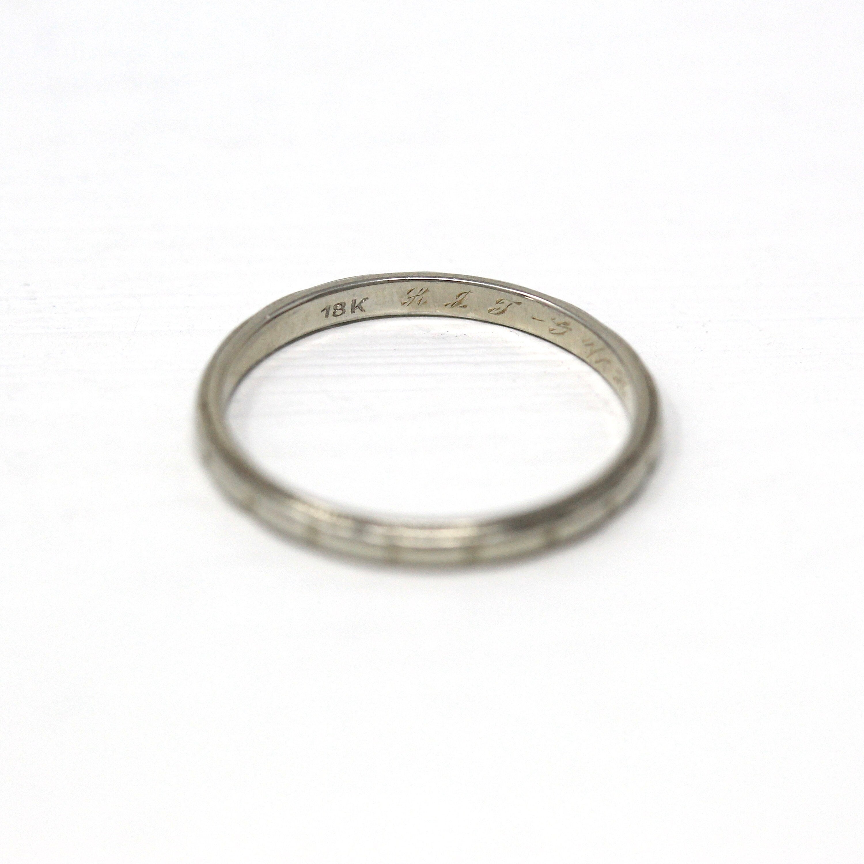 Dated 1932 Band - Art Deco 18k White Gold Engraved Initials Milgrain Design Ring - Vintage Dated "10-6-32" Size 6 1/4 Wedding Fine Jewelry