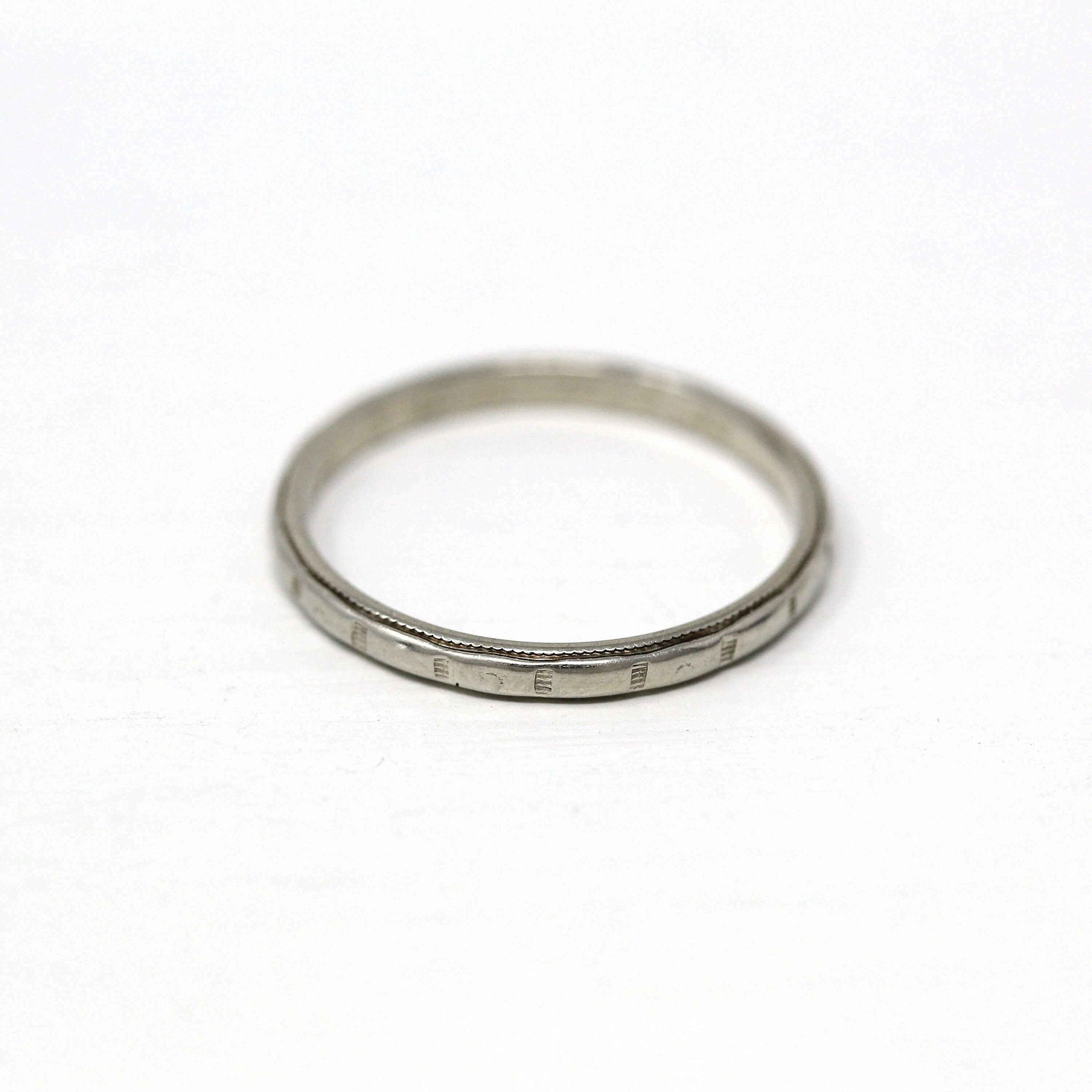 Dated 1932 Band - Art Deco 18k White Gold Engraved Initials Milgrain Design Ring - Vintage Dated "10-6-32" Size 6 1/4 Wedding Fine Jewelry