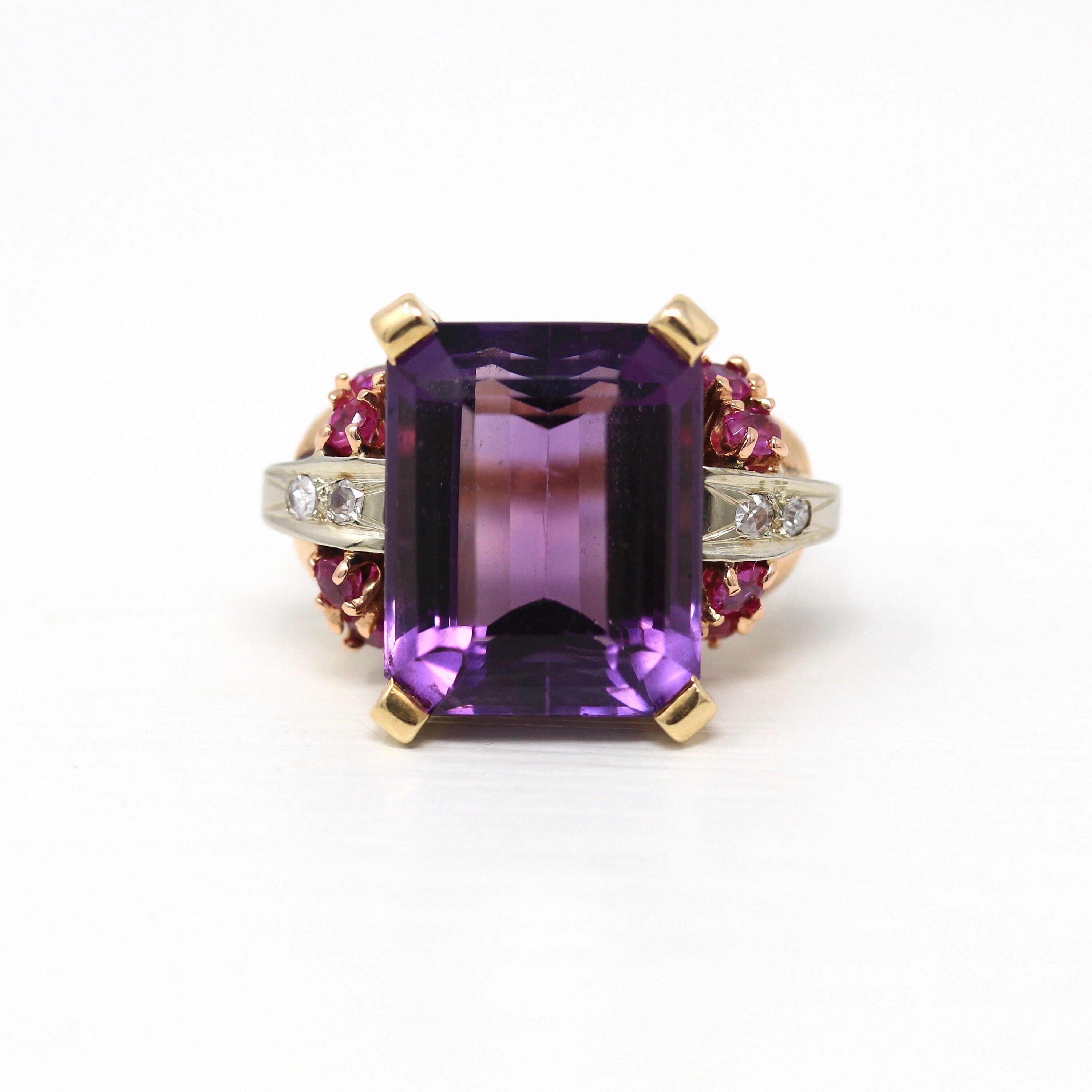 Gemstone Cocktail Ring - Retro 14k Yellow Gold Genuine 13 CT Amethyst Gem - Vintage Circa 1940s Size 7 Created Rubies, Diamonds Fine Jewelry