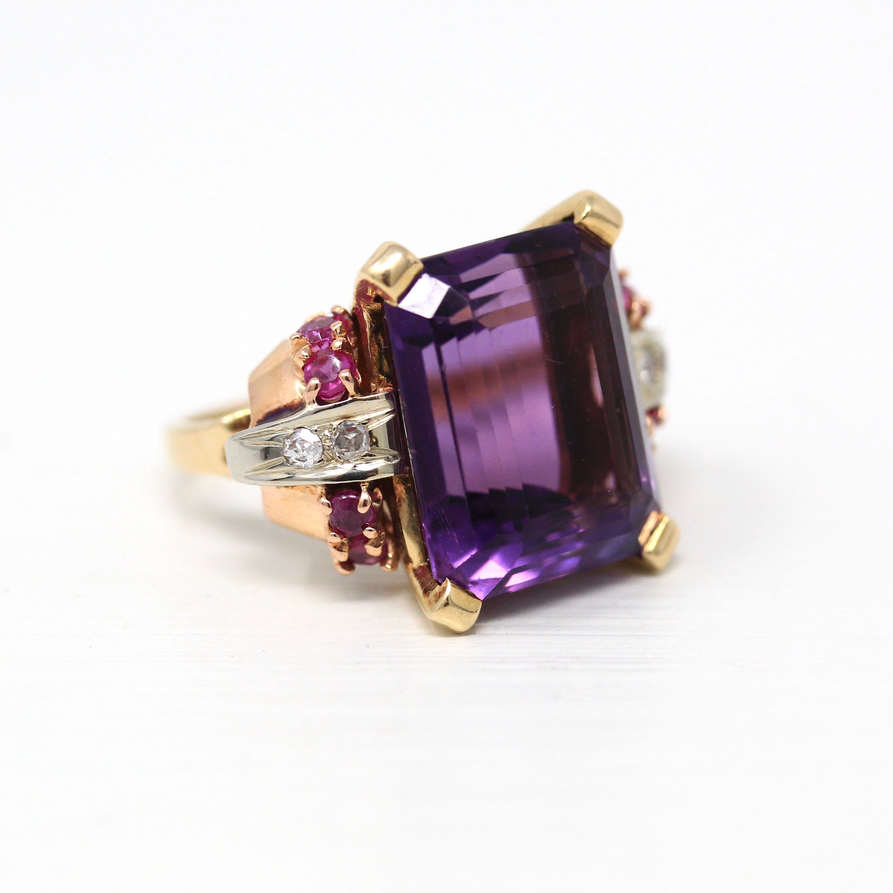 Gemstone Cocktail Ring - Retro 14k Yellow Gold Genuine 13 CT Amethyst Gem - Vintage Circa 1940s Size 7 Created Rubies, Diamonds Fine Jewelry