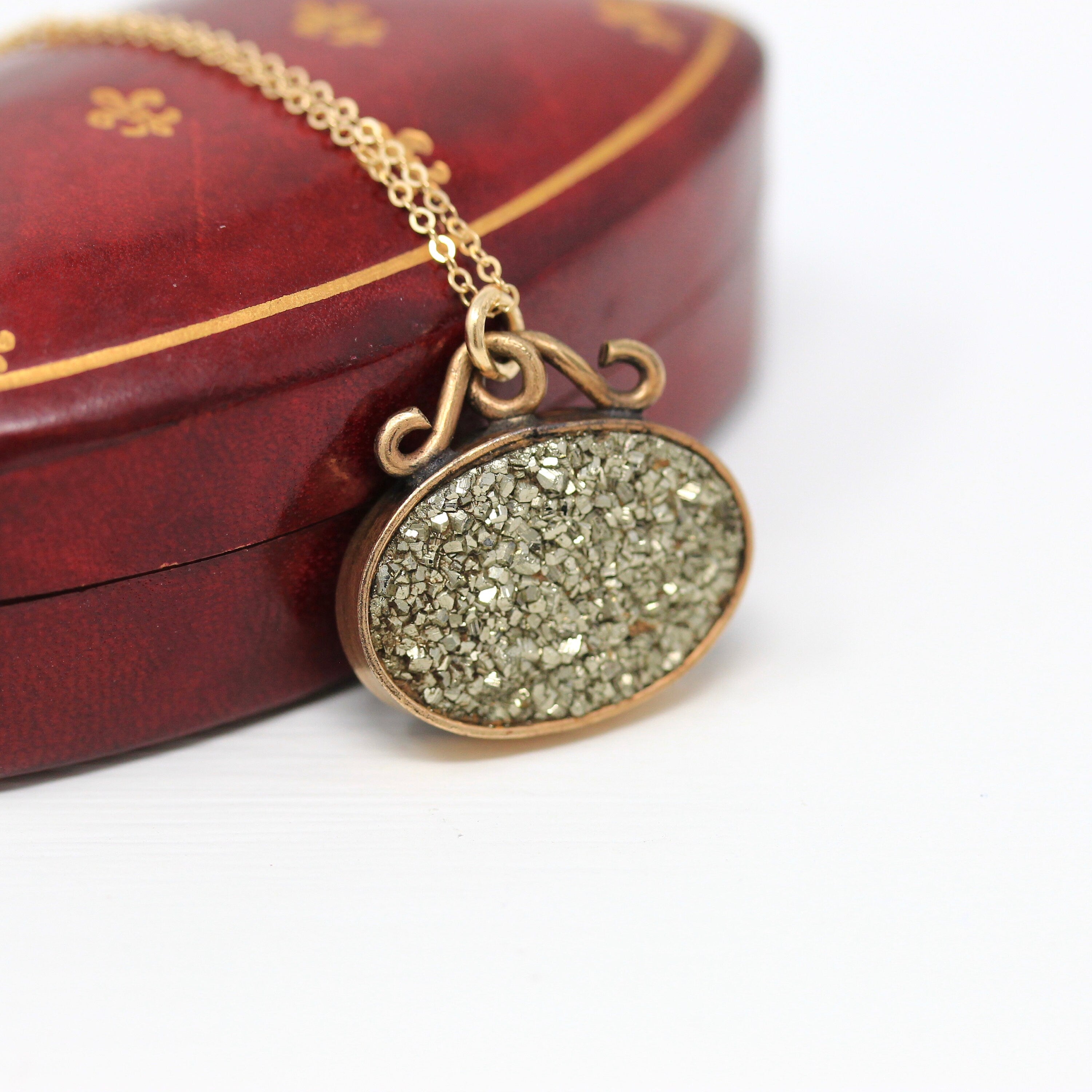 Antique Pyrite Fob - Edwardian Gold Filled Genuine Druzy Crystal Pendant Necklace - Antique Circa 1900s Era Sparkly Fob Jewelry