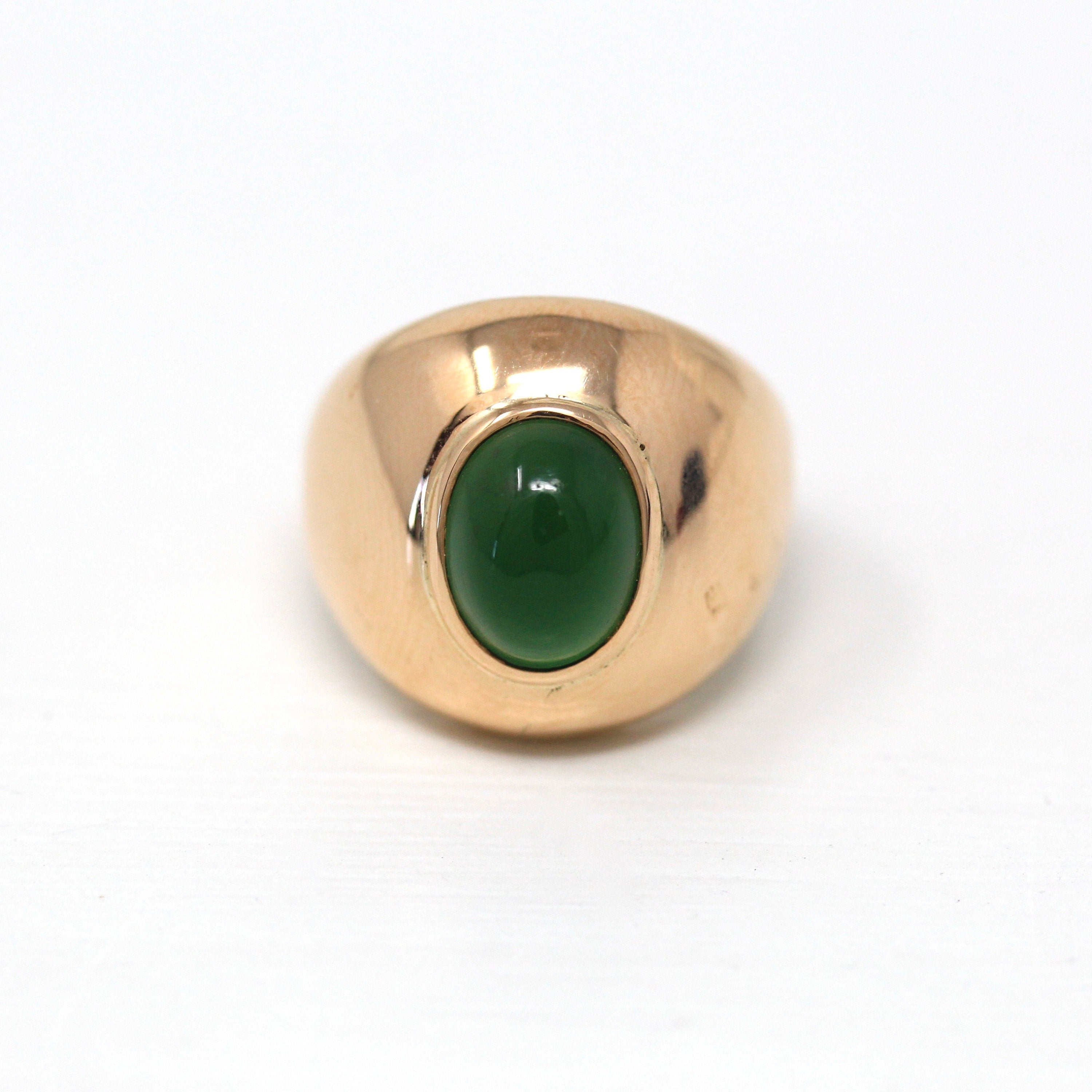 Sale - Green Stone Ring - Retro 14k Rose Gold Oval Cabochon Cut Bezel Set Glass - Vintage Circa 1970s Era Size 5 Statement Fine 70s Jewelry