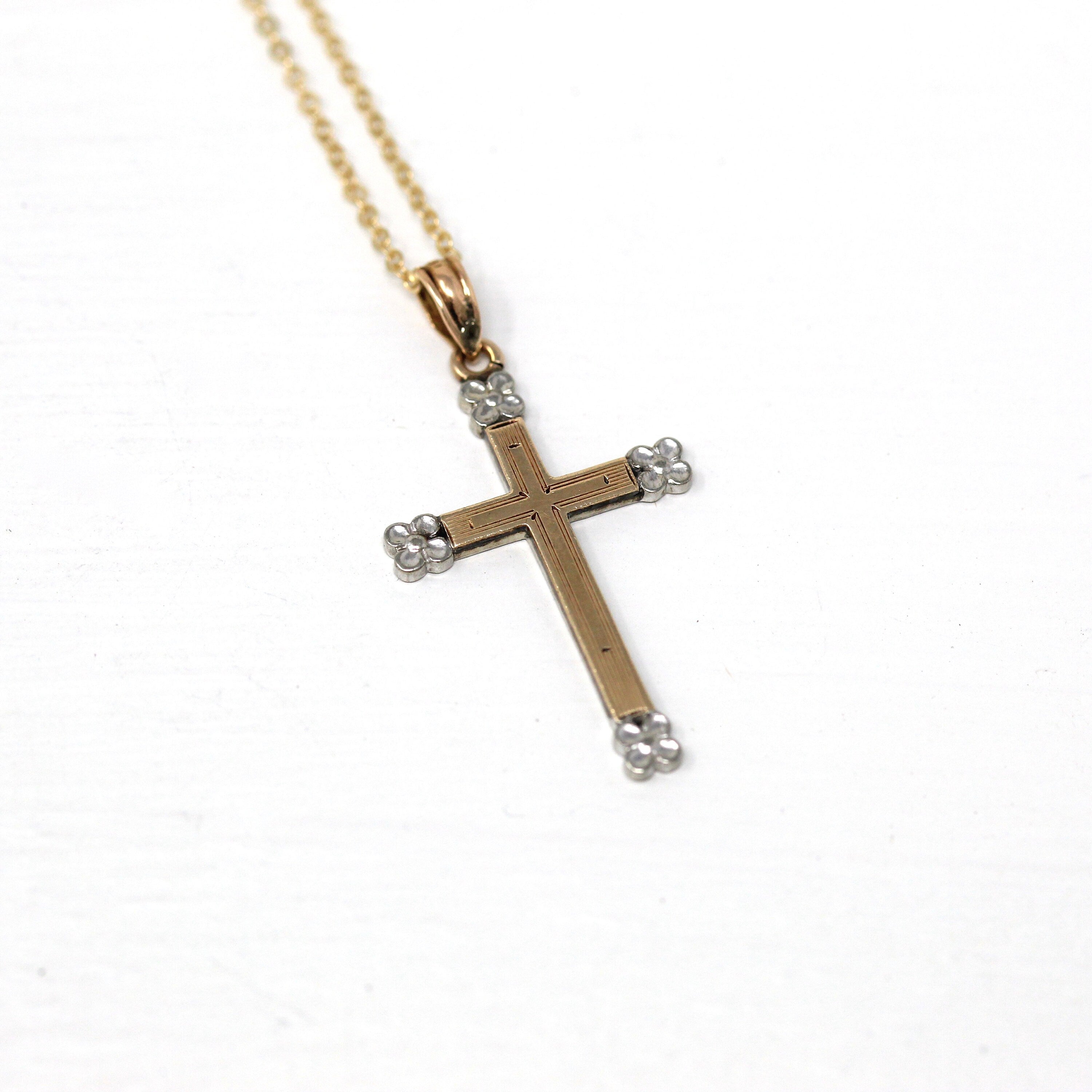 Sale - Vintage Cross Necklace - Retro 10k Yellow & White Gold Flower Motifs Crucifix Pendant - Circa 1940s Era Religious Faith 40s Jewelry