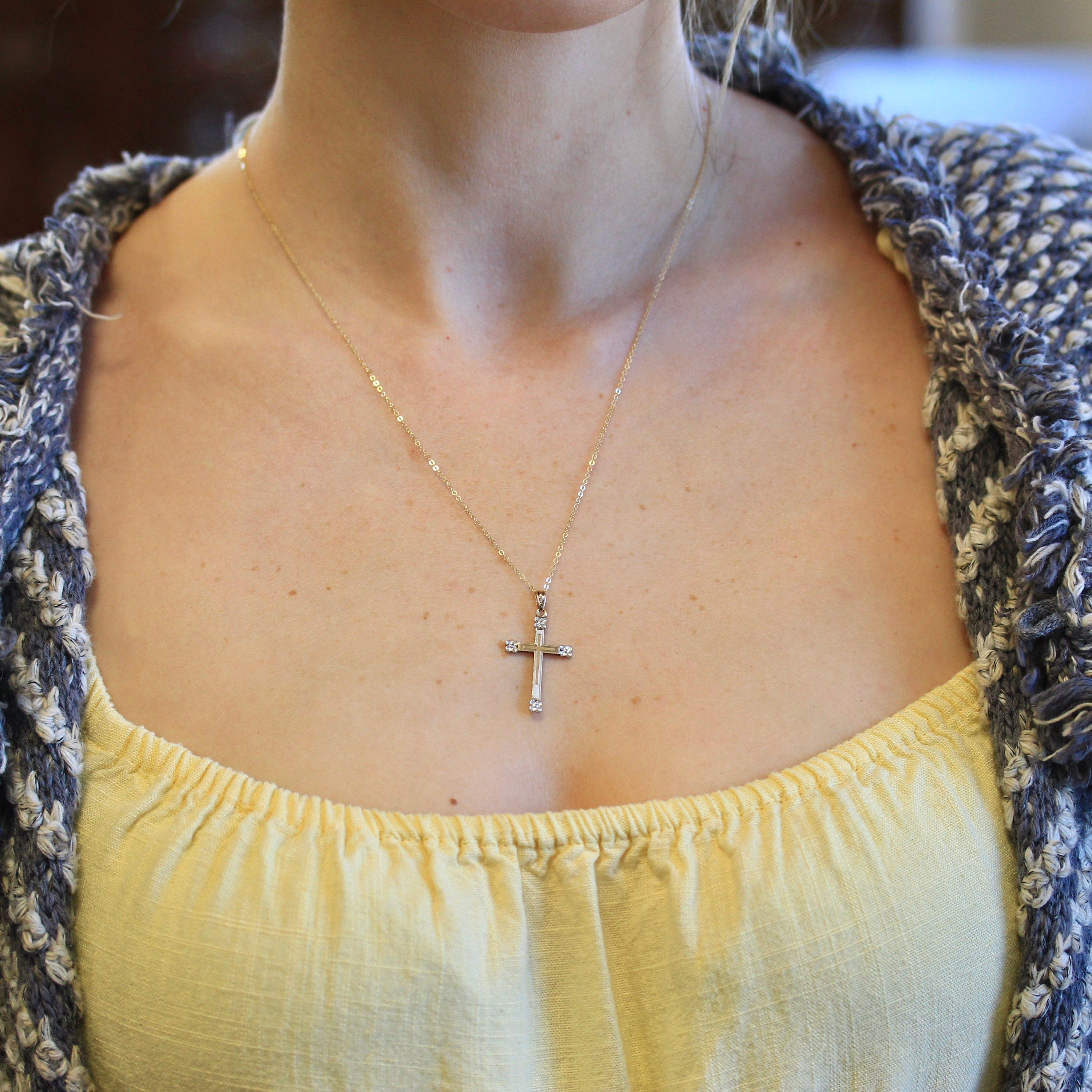 Sale - Vintage Cross Necklace - Retro 10k Yellow & White Gold Flower Motifs Crucifix Pendant - Circa 1940s Era Religious Faith 40s Jewelry