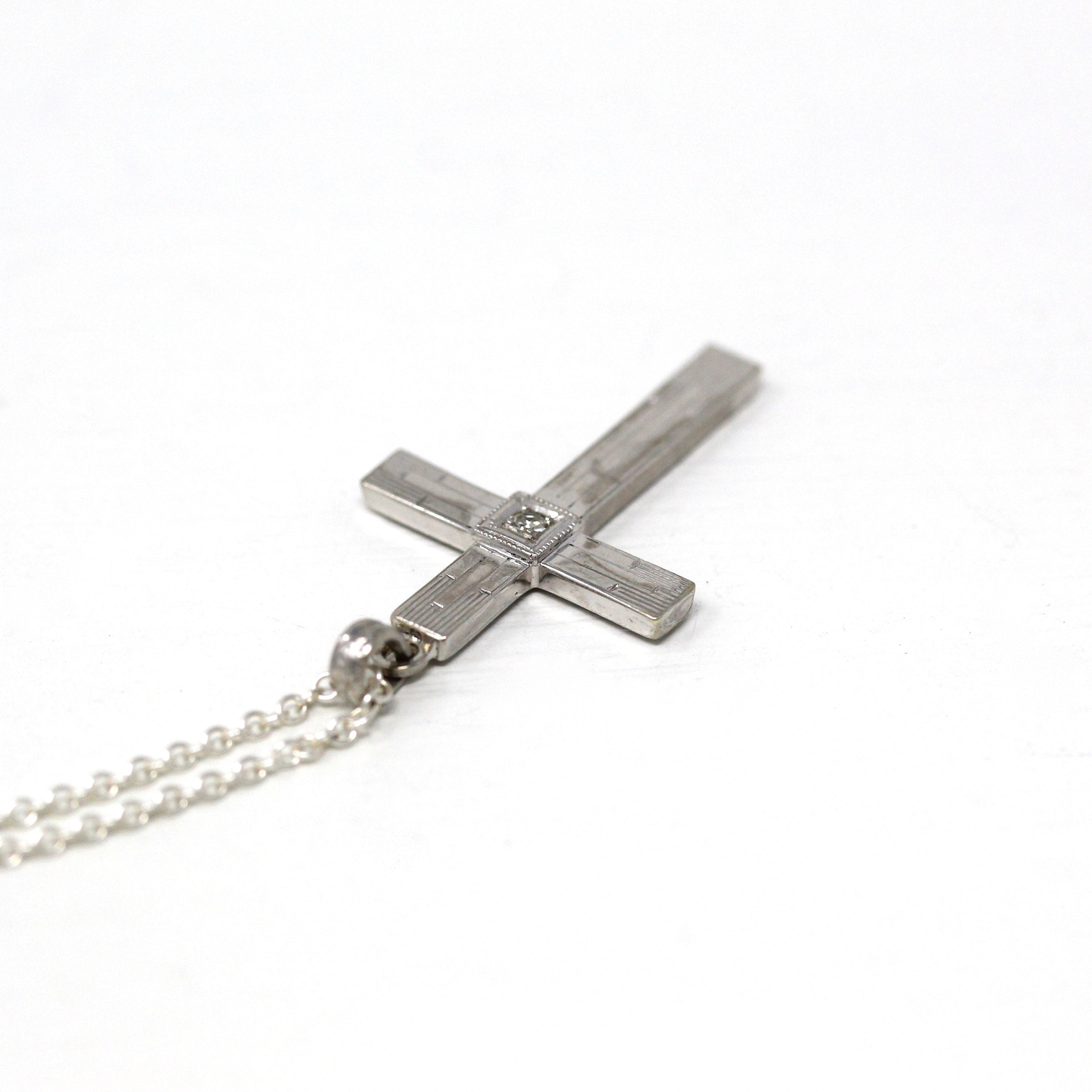 Vintage Cross Necklace - Mid Century 10k White Gold Genuine .03 CT Diamond Gem Pendant - Circa 1950s Era Religious Faith Fine 50s Jewelry