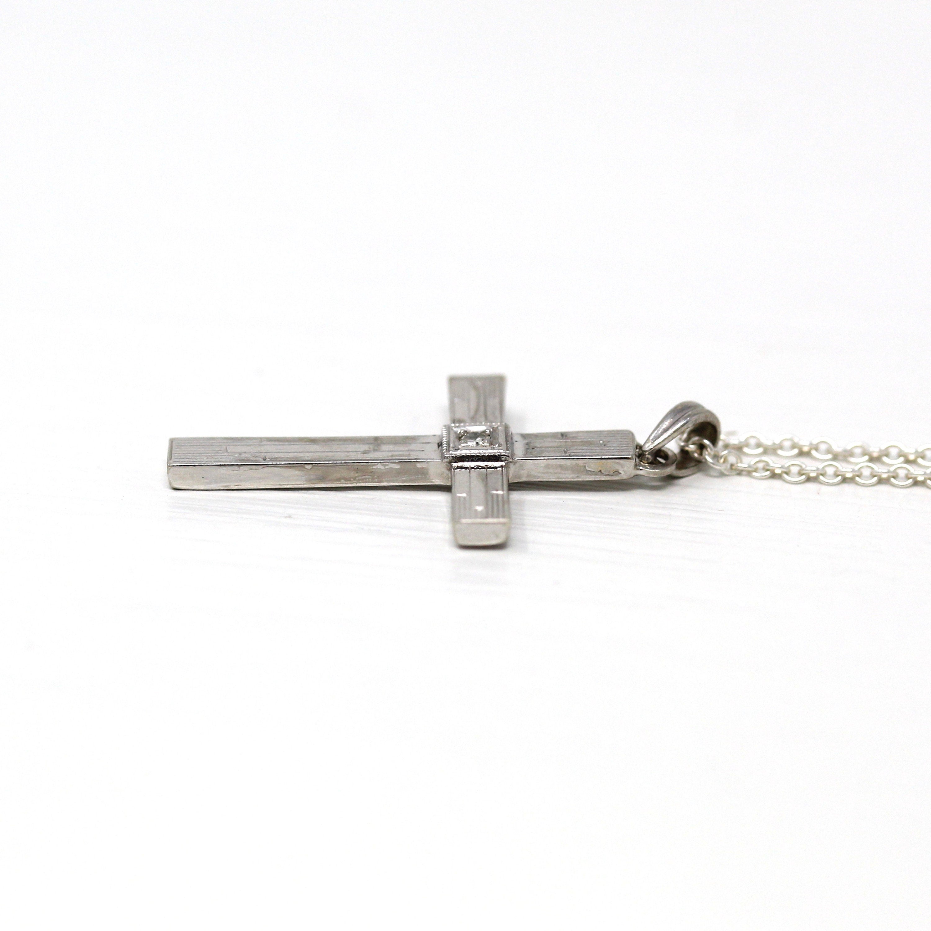 Vintage Cross Necklace - Mid Century 10k White Gold Genuine .03 CT Diamond Gem Pendant - Circa 1950s Era Religious Faith Fine 50s Jewelry