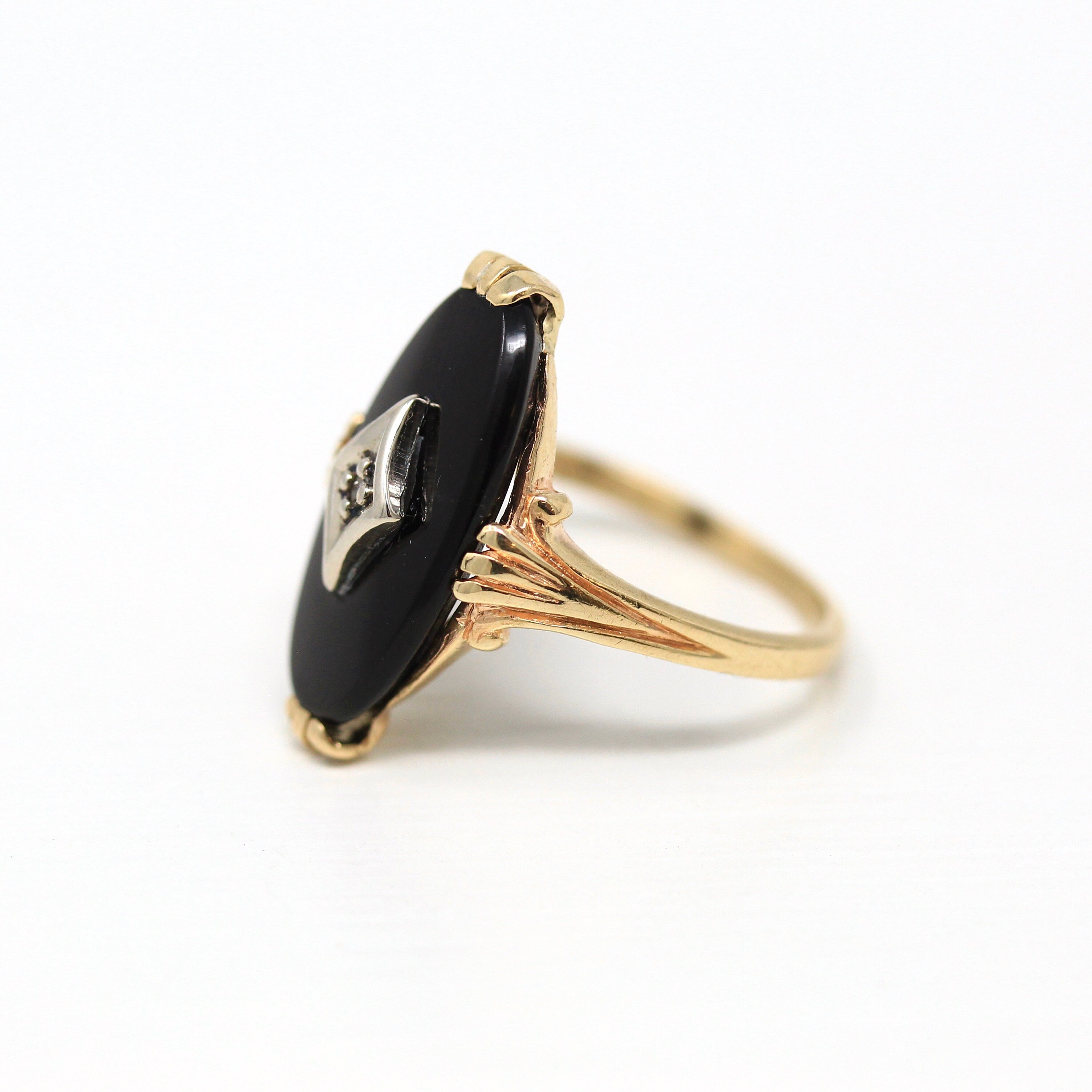 Onyx & Diamond Ring - Retro 10k Yellow Gold Oval Black Genuine Gemstone - Vintage Circa 1960s Era Size 5.75 Statement Gem 60s Fine Jewelry