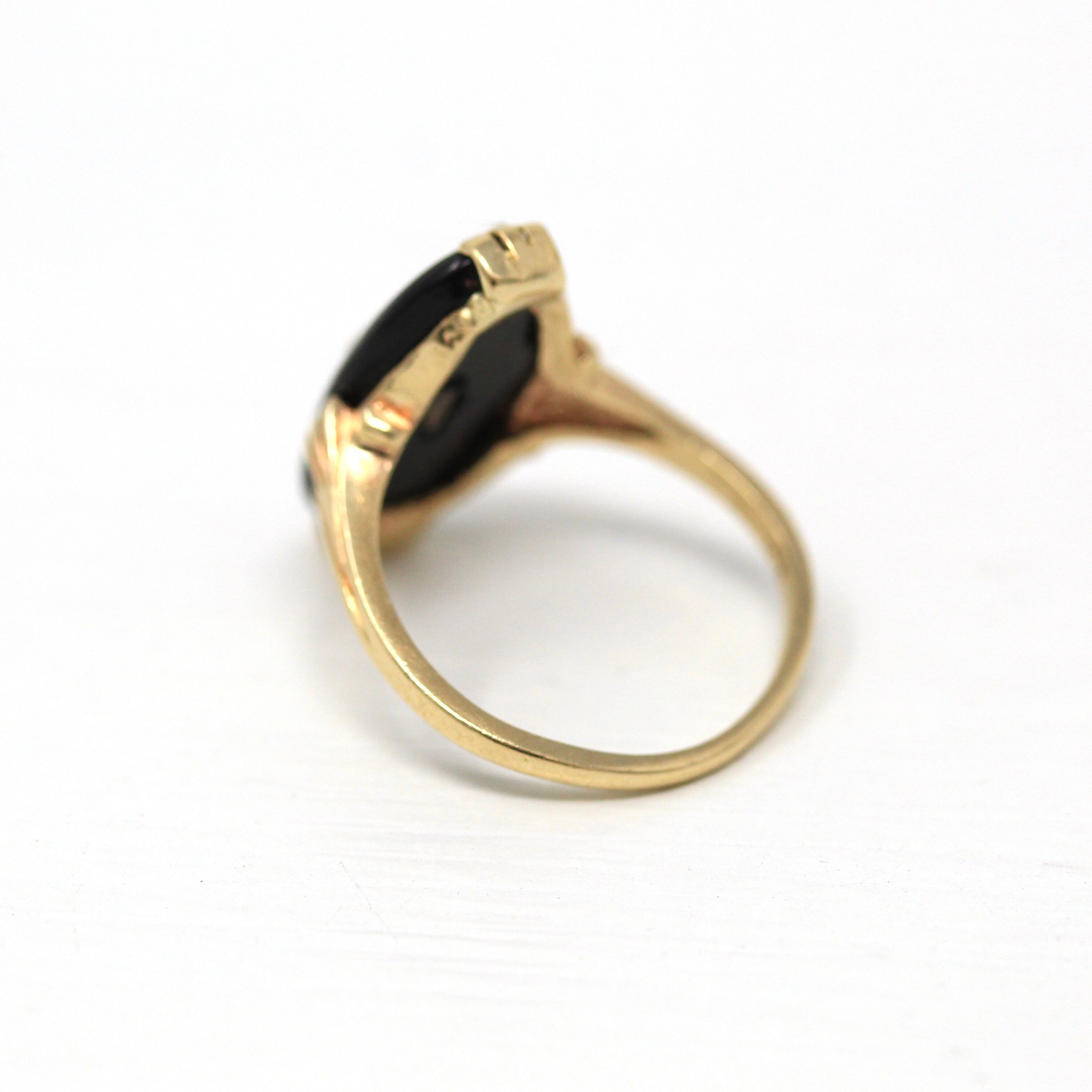 Onyx & Diamond Ring - Retro 10k Yellow Gold Oval Black Genuine Gemstone - Vintage Circa 1960s Era Size 5.75 Statement Gem 60s Fine Jewelry