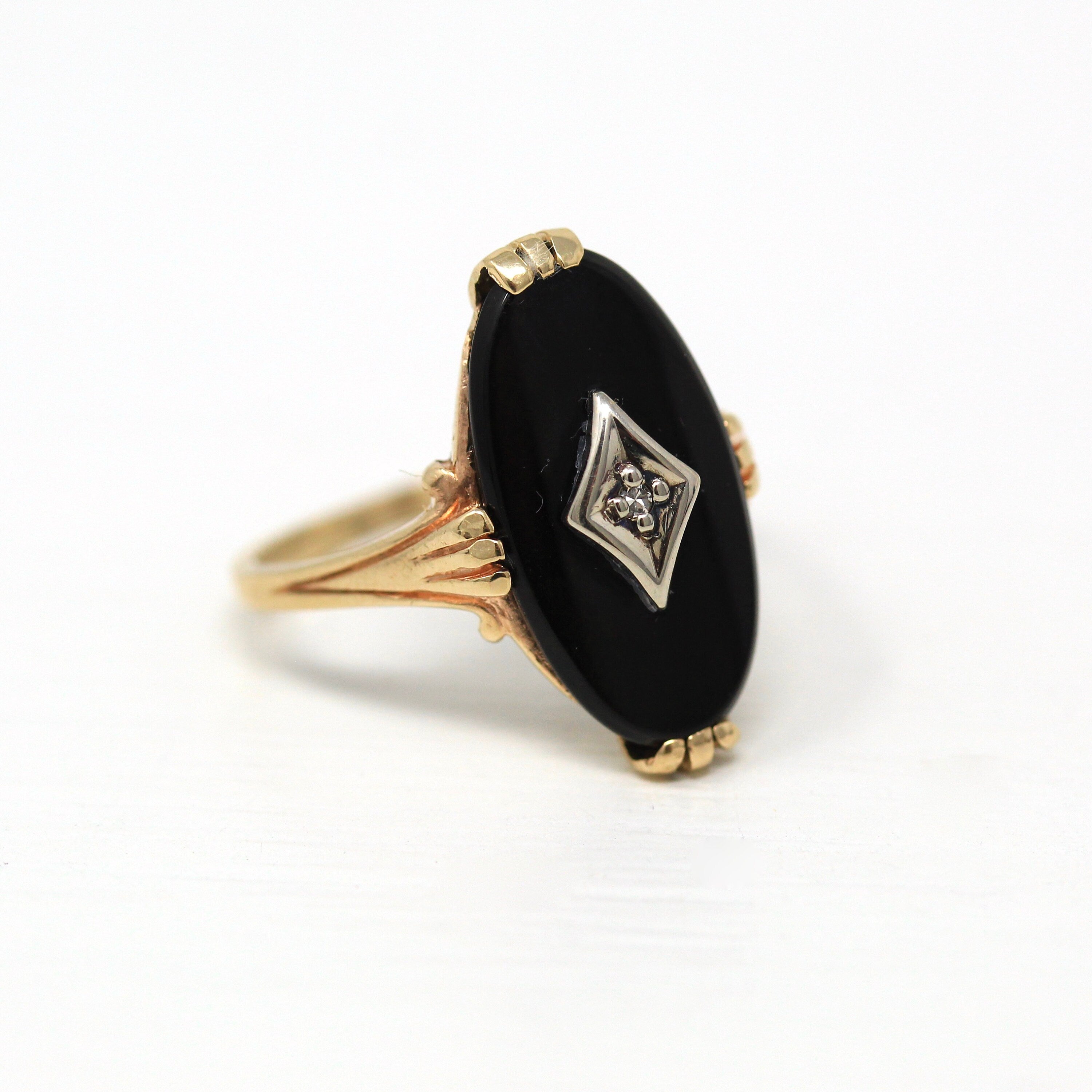 Onyx & Diamond Ring - Retro 10k Yellow Gold Oval Black Genuine Gemstone - Vintage Circa 1960s Era Size 5.75 Statement Gem 60s Fine Jewelry