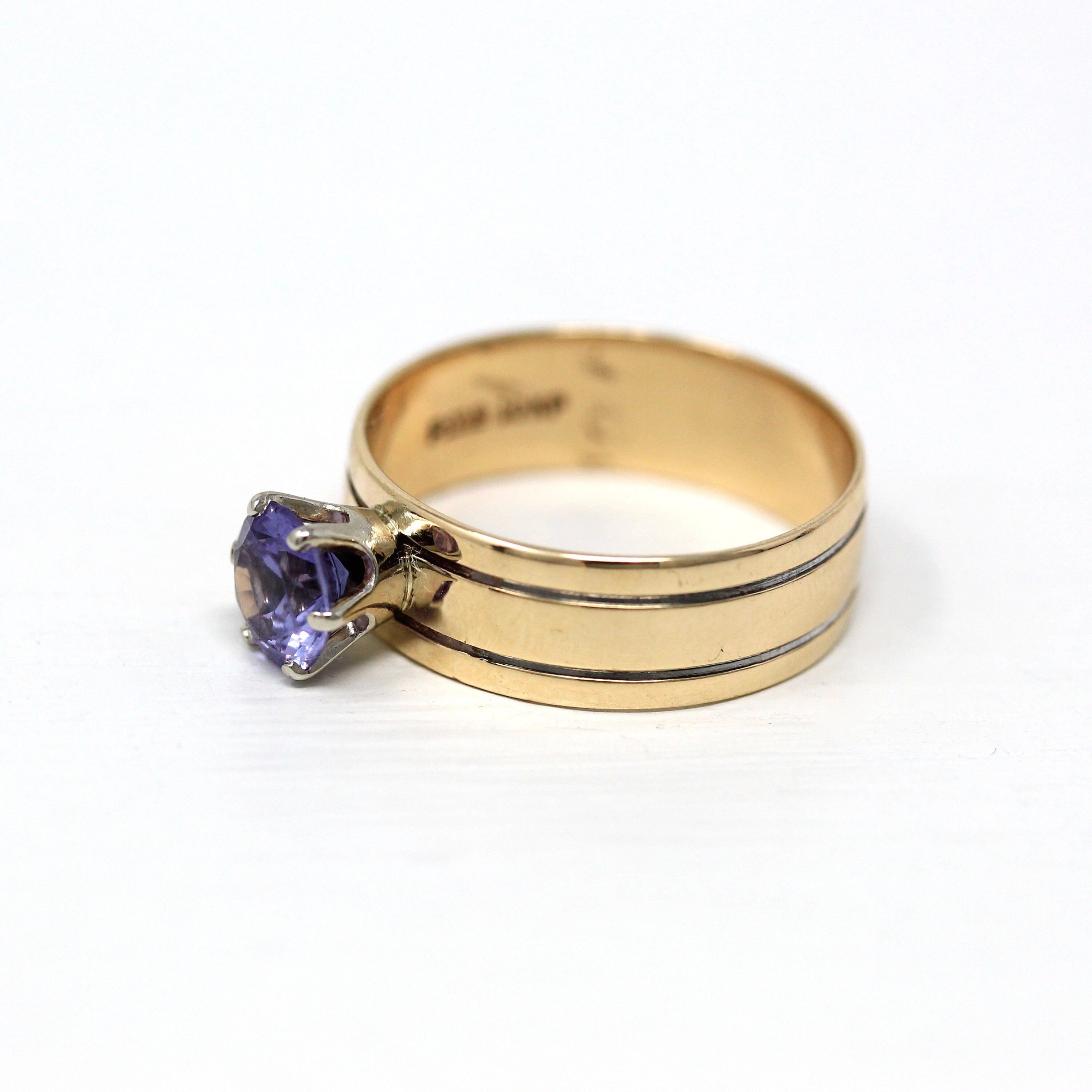 Created Sapphire Ring - Vintage 10k Yellow Gold Round Facet Pink Purple Stone Solitaire - Retro Circa 1970s Size 8.5 Statement Fine Jewelry