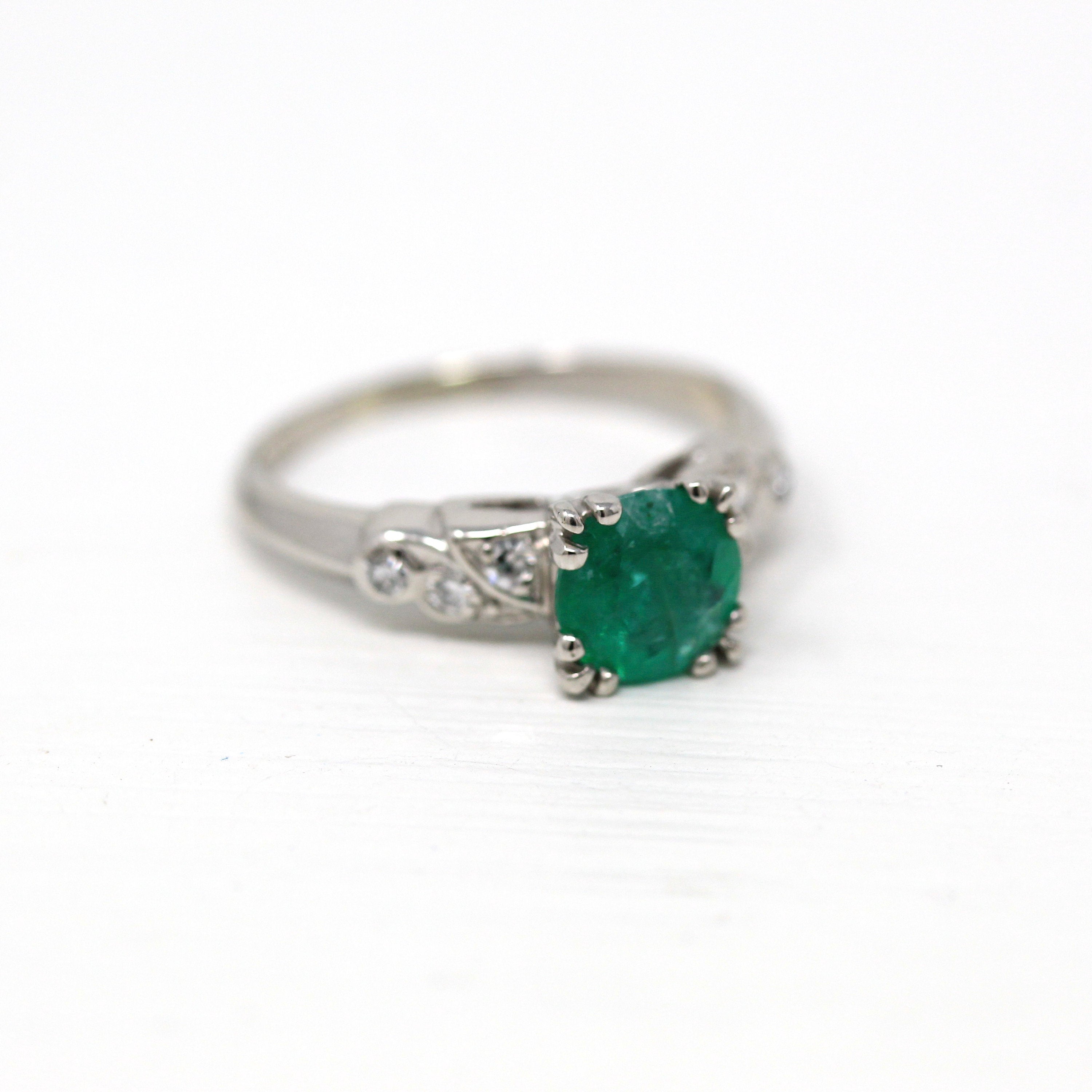 Sale - Vintage Emerald Ring - Mid Century Platinum Round Faceted 1.16 CT Green Gemstone - Vintage Circa 1950s Era Size 6 1/2 50s Gem Jewelry