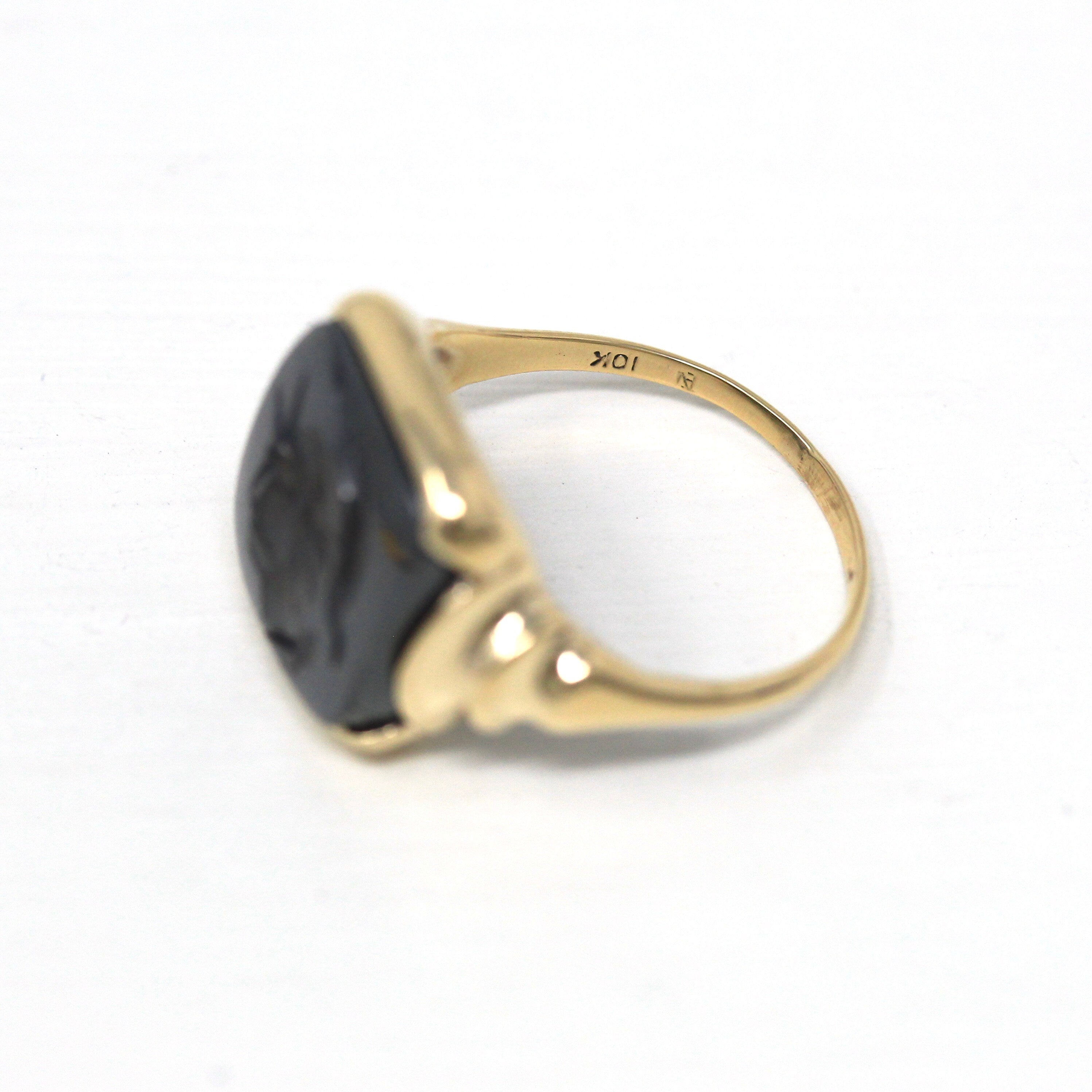 Vintage Hematite Ring - Retro 10k Yellow Gold Carved Intaglio Gray Gemstone Warrior - Circa 1940s Era Size 6 1/4 Statement Fine 40s Jewelry