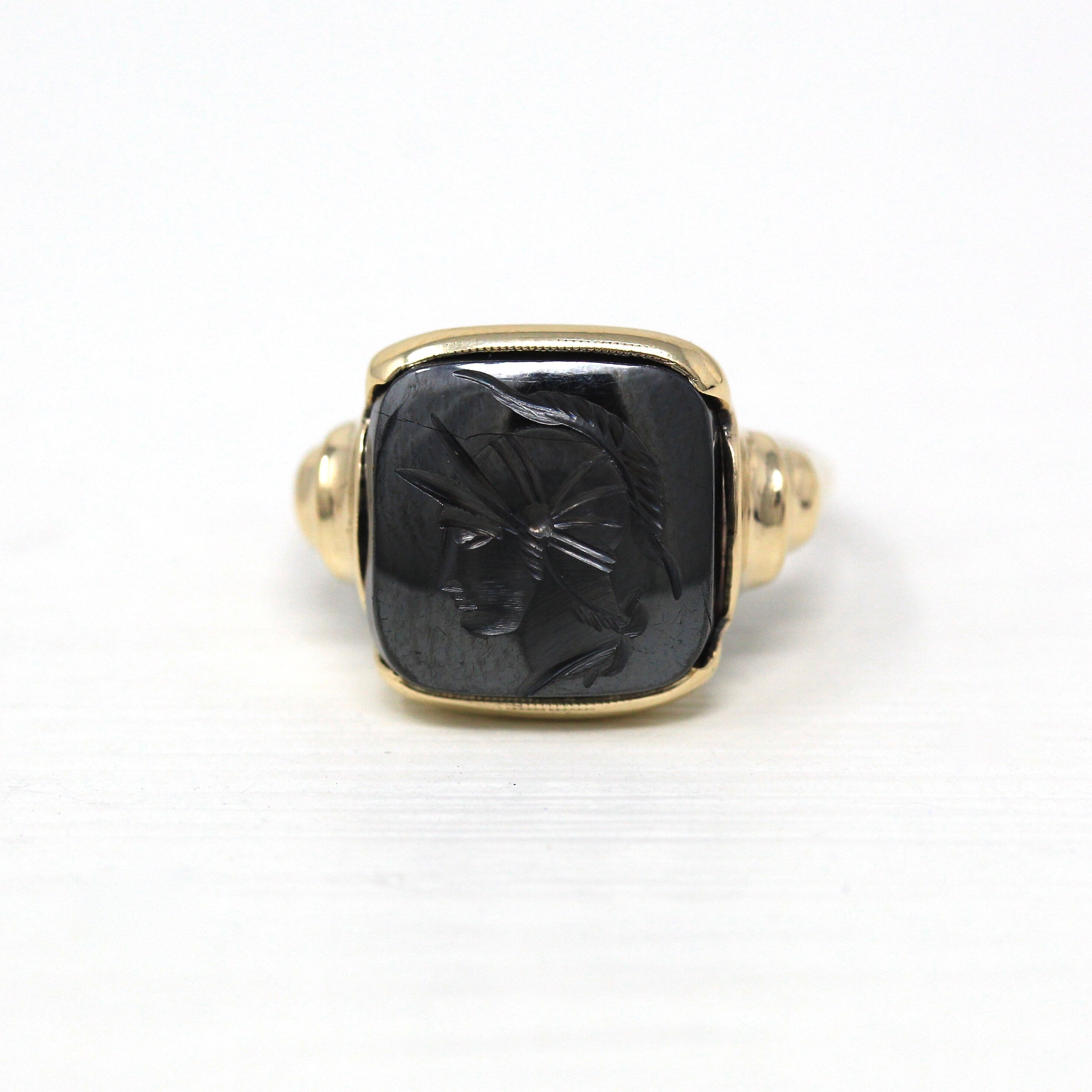 Vintage Hematite Ring - Retro 10k Yellow Gold Carved Intaglio Gray Gemstone Warrior - Circa 1940s Era Size 6 1/4 Statement Fine 40s Jewelry