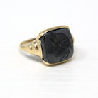 Vintage Hematite Ring - Retro 10k Yellow Gold Carved Intaglio Gray Gemstone Warrior - Circa 1940s Era Size 6 1/4 Statement Fine 40s Jewelry