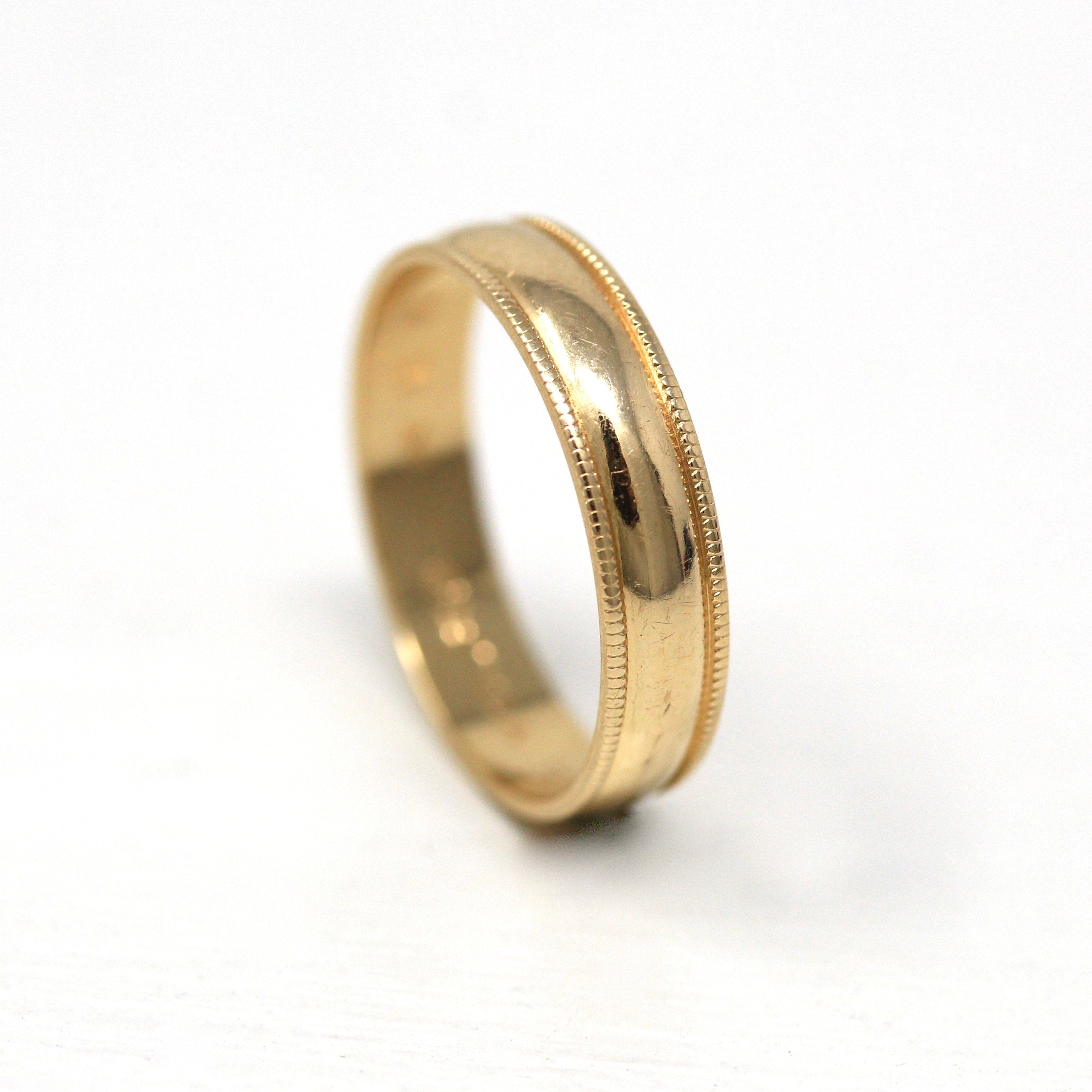 Estate Wedding Band - Modern 14k Yellow Gold Milgrain Eternity Designs Ring - Dated "9-8-90" Era Size 6 Fine "Forever Yours KER" 90s Jewelry