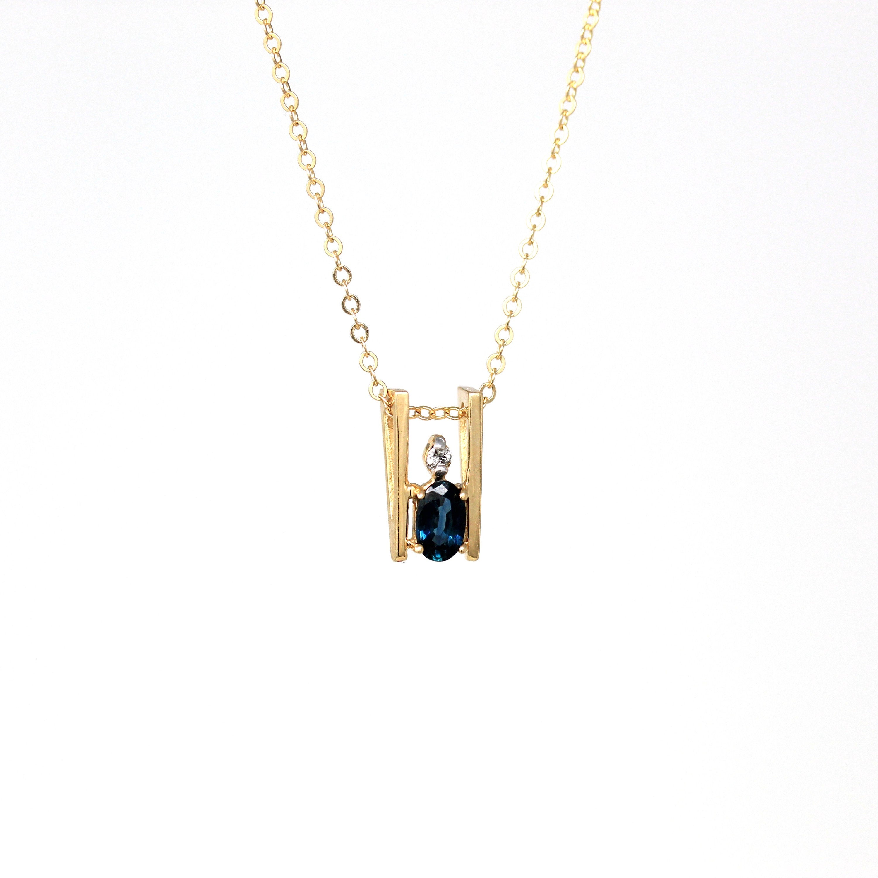 Created Sapphire Charm - Modern 14k Yellow Gold .01 CT Diamond Gem Pendant Necklace - Estate Circa 2000s Era Dainty Slide Style Fine Jewelry