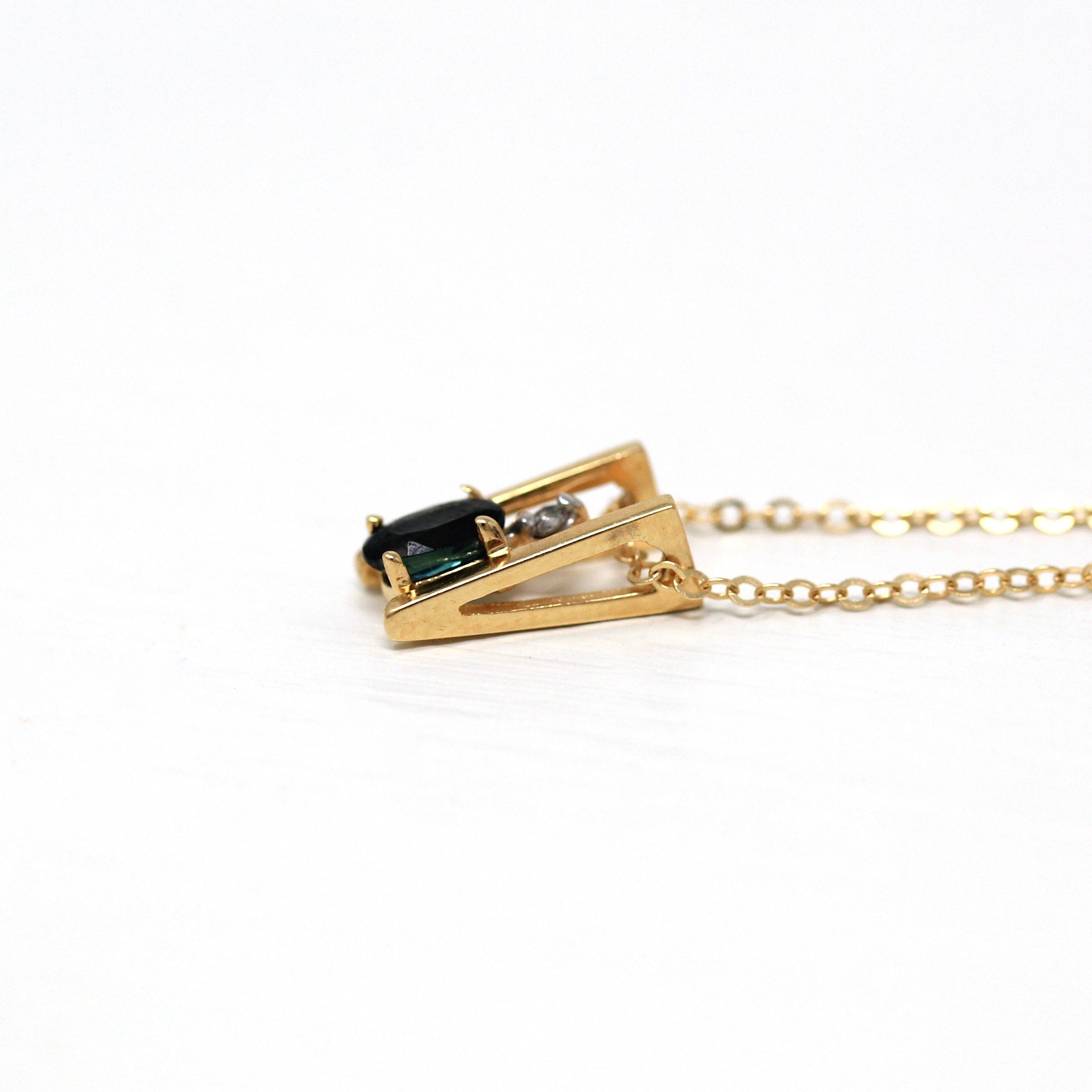 Created Sapphire Charm - Modern 14k Yellow Gold .01 CT Diamond Gem Pendant Necklace - Estate Circa 2000s Era Dainty Slide Style Fine Jewelry