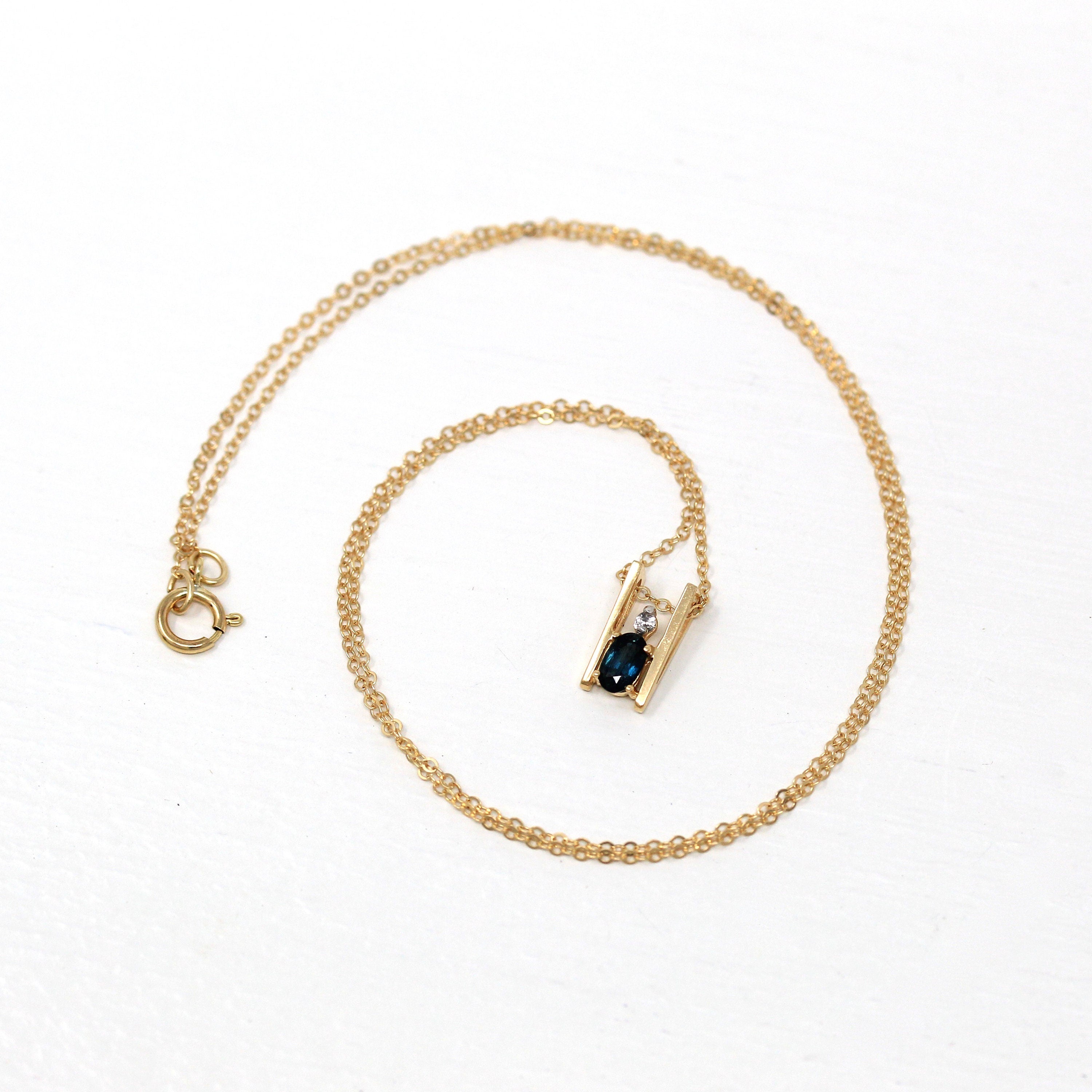 Created Sapphire Charm - Modern 14k Yellow Gold .01 CT Diamond Gem Pendant Necklace - Estate Circa 2000s Era Dainty Slide Style Fine Jewelry