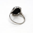 Vintage Onyx Ring - Mid Century Era 10k White Gold Genuine Black Oval Gemstone - Circa 1950s Size 7 1/4 Scalloped Design Fine 50s Jewelry