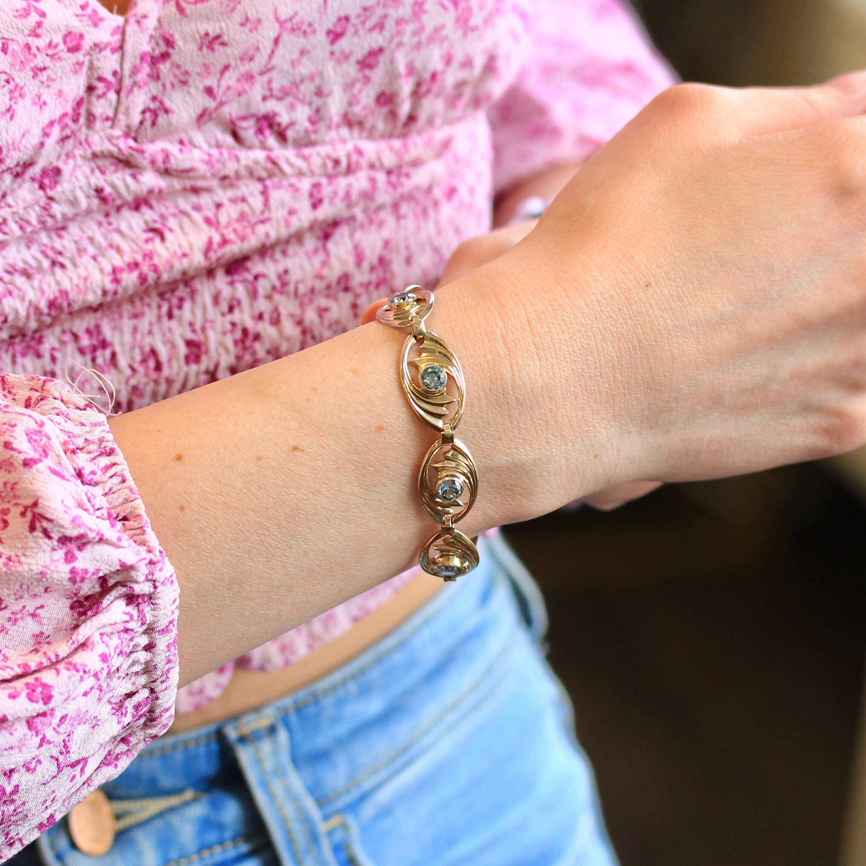 Genuine Zircon Bracelet - Retro 14k Gold Filled Sterling Silver Blue 4.75 CTW Gemstones - Vintage Circa 1940s Era Symmetallic Panel Jewelry