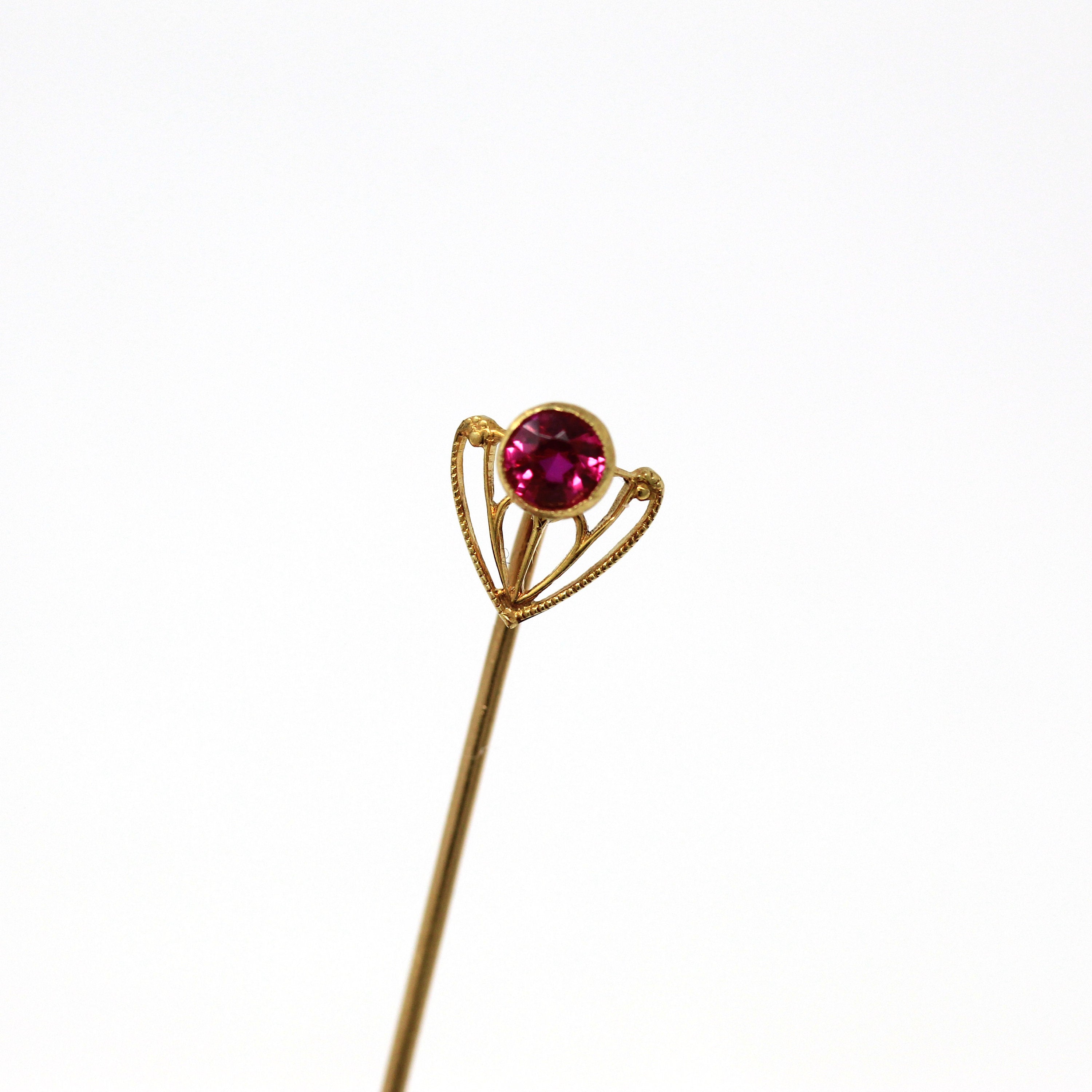 Sale - Antique Stick Pin - Art Deco Created Ruby Red Gem 14k Yellow Gold Heart - Circa 1910s Era Two Bezel Set July Birthstone Fine Jewelry