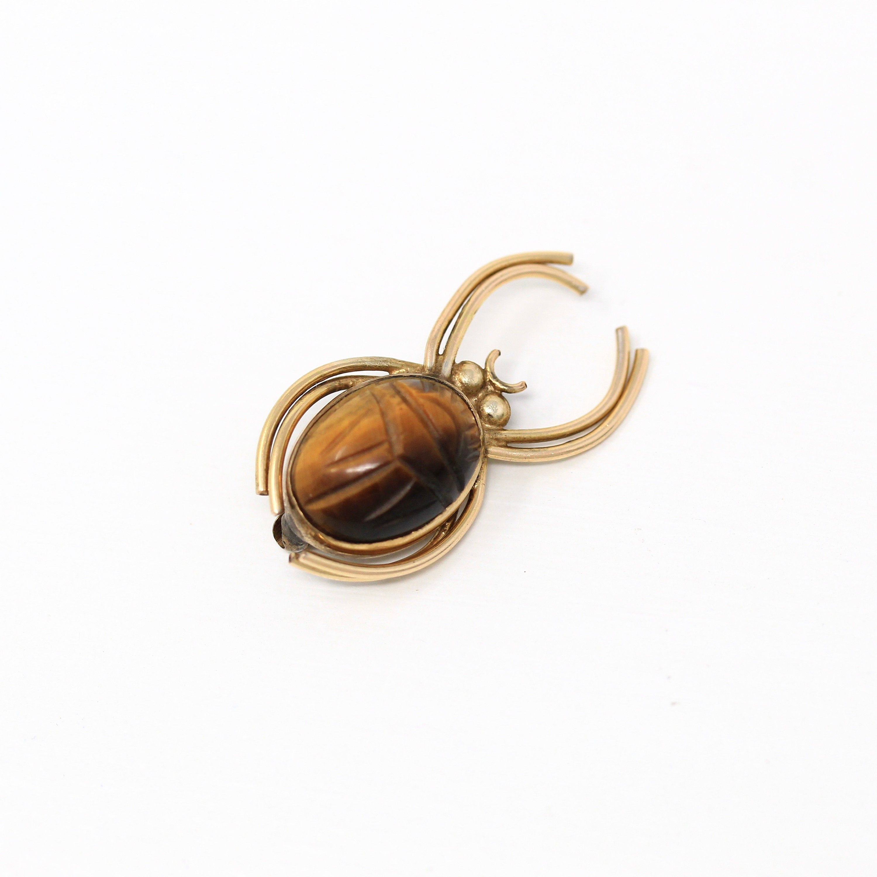 Vintage Spider Brooch - Retro 12k Yellow Gold Filled Genuine Tiger's Eye Scarab Pin - Circa 1960s Era Figural Brown Gemstone WRE 60s Jewelry