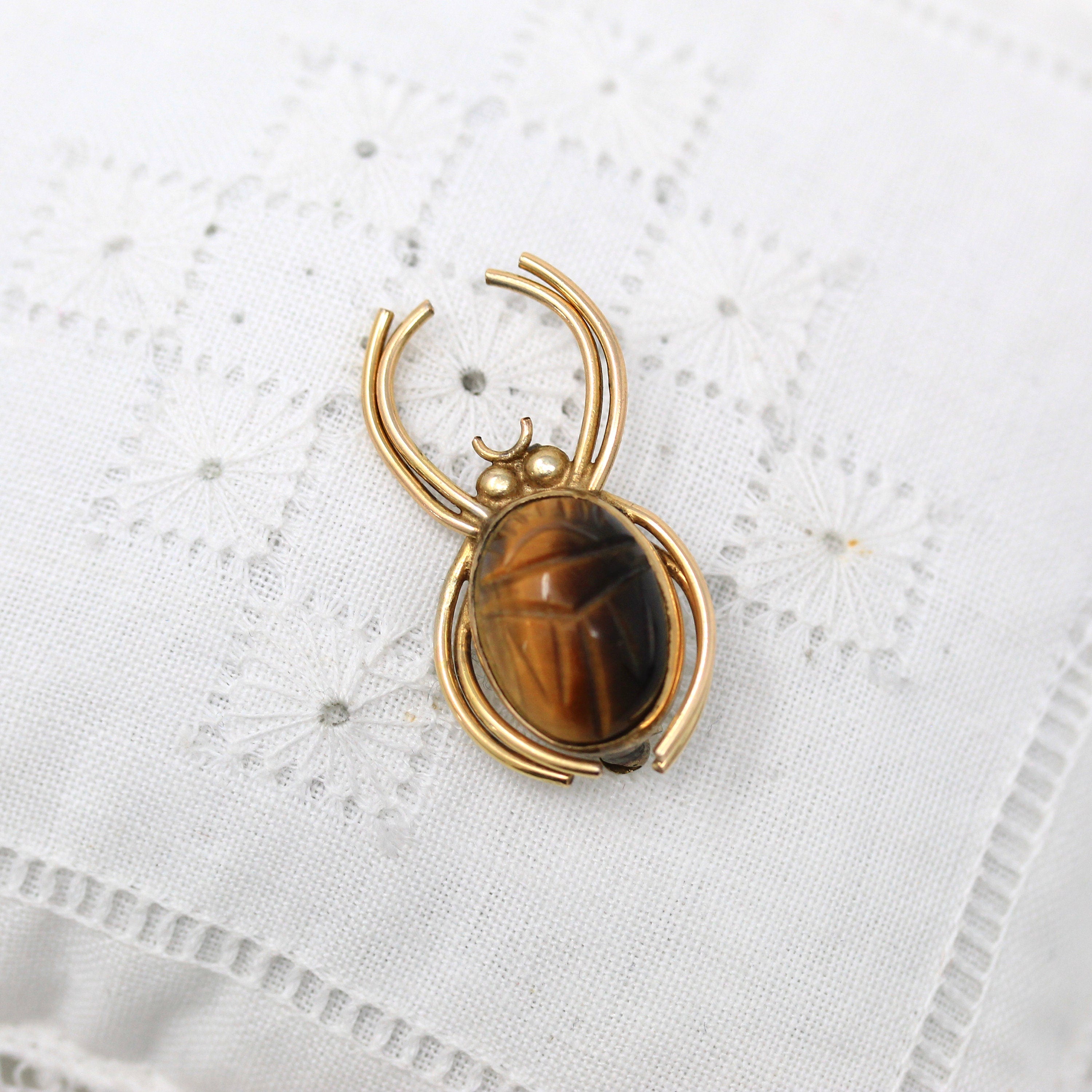 Sale - Vintage Spider Brooch - Retro 12k Yellow Gold Filled Genuine Tiger's Eye Scarab Pin - Circa 1960s Era Brown Gemstone WRE 60s Jewelry