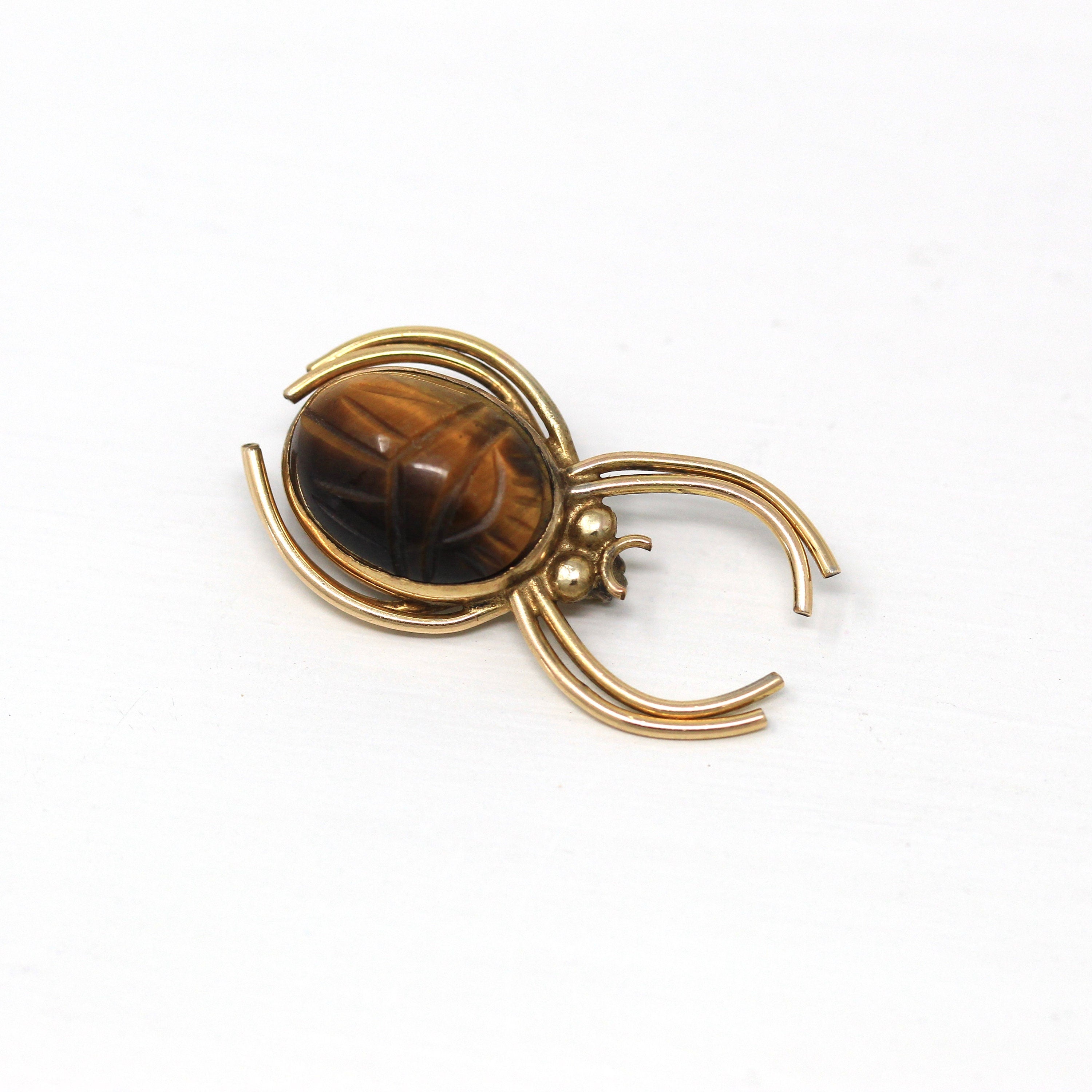 Vintage Spider Brooch - Retro 12k Yellow Gold Filled Genuine Tiger's Eye Scarab Pin - Circa 1960s Era Figural Brown Gemstone WRE 60s Jewelry