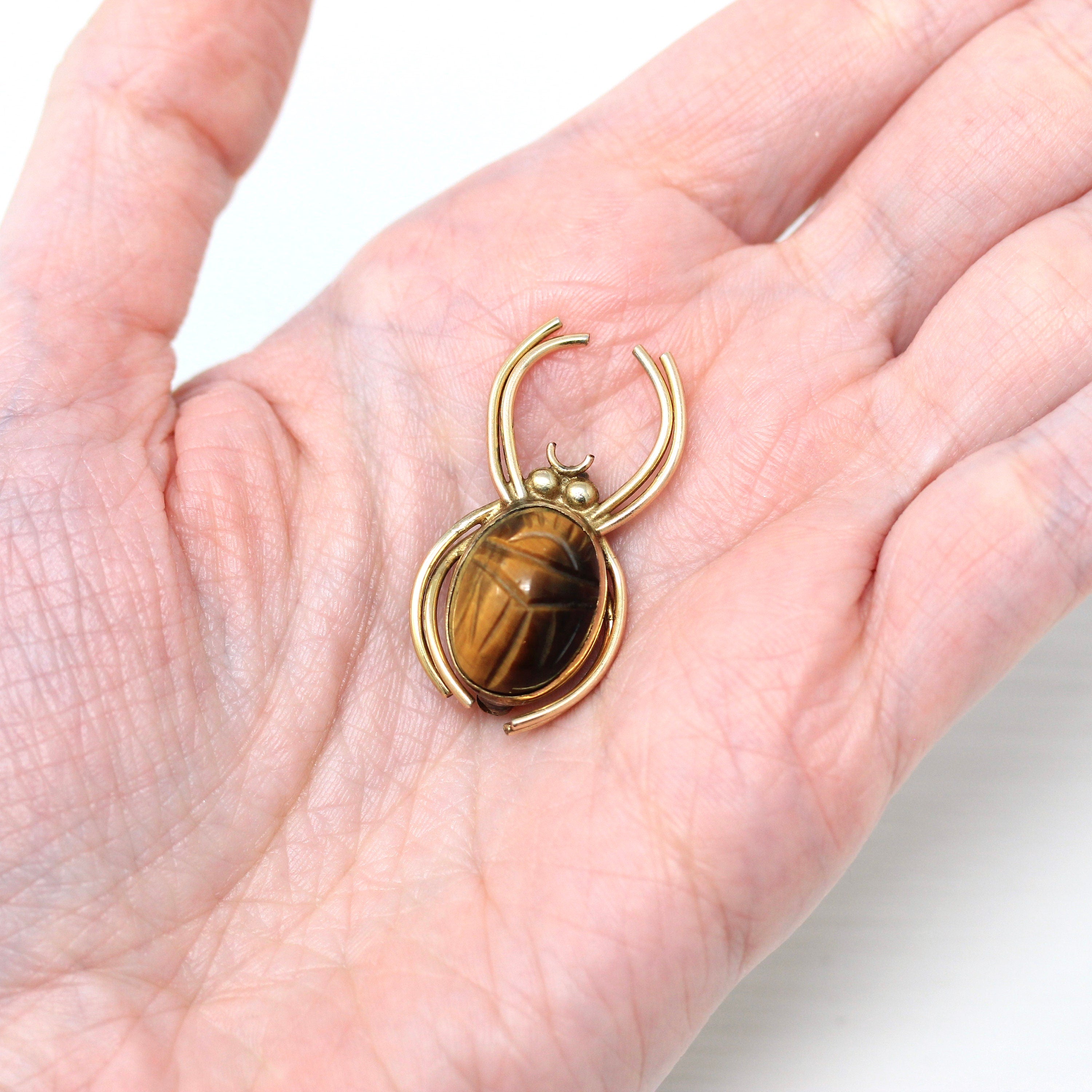 Vintage Spider Brooch - Retro 12k Yellow Gold Filled Genuine Tiger's Eye Scarab Pin - Circa 1960s Era Figural Brown Gemstone WRE 60s Jewelry