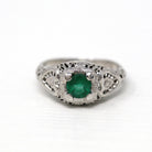 Sale - Vintage Belais Emerald Ring - Art Deco 18k White Gold Filigree Floral Engagement - Circa 1930s Size 4 Green .40 CT Gemstone Jewelry