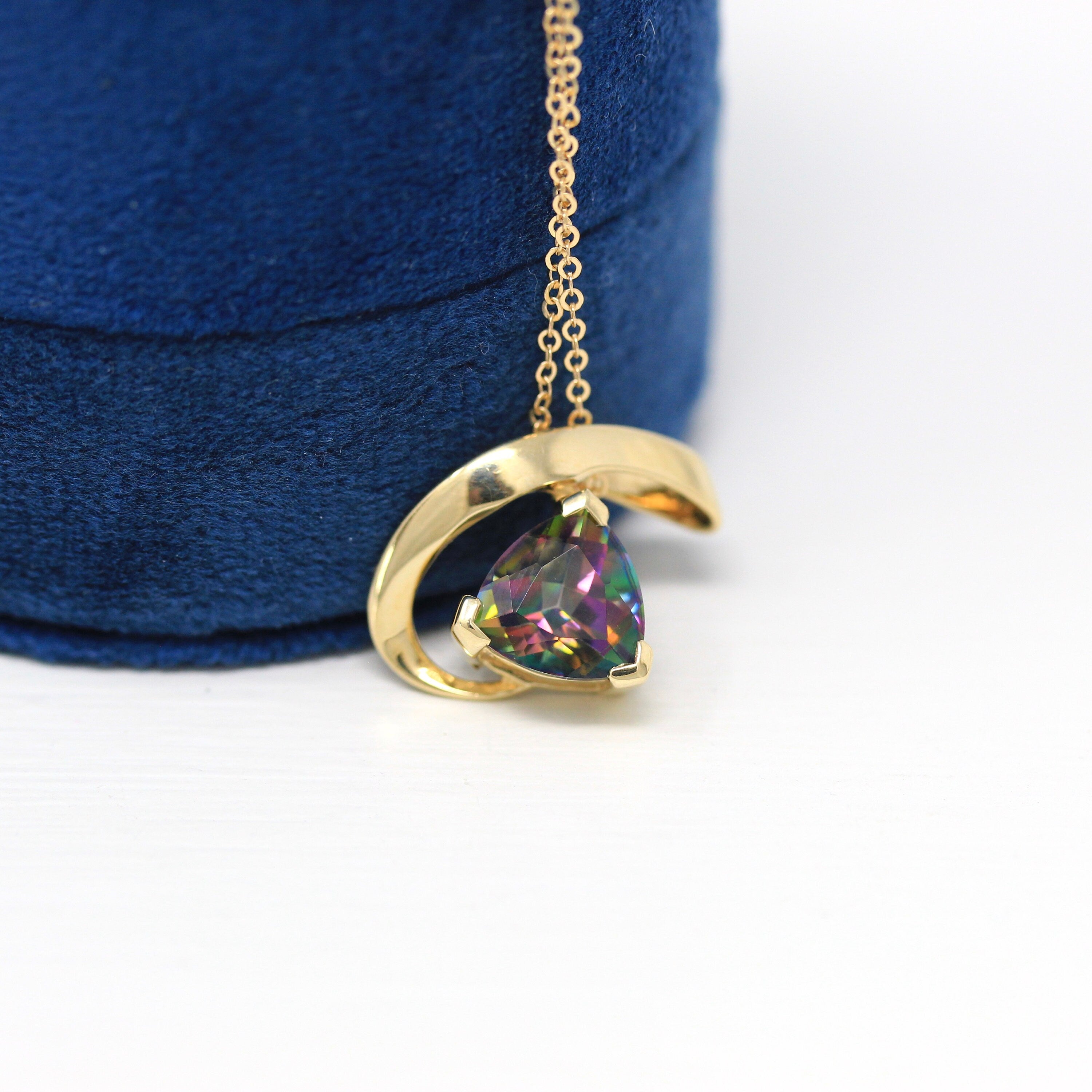 Mystic Topaz Necklace - Estate 14k Yellow Gold Trilliant Cut 2.58 CT Rainbow Gem - Vintage Circa 1990s Era Slide Style Pendant Fine Jewelry