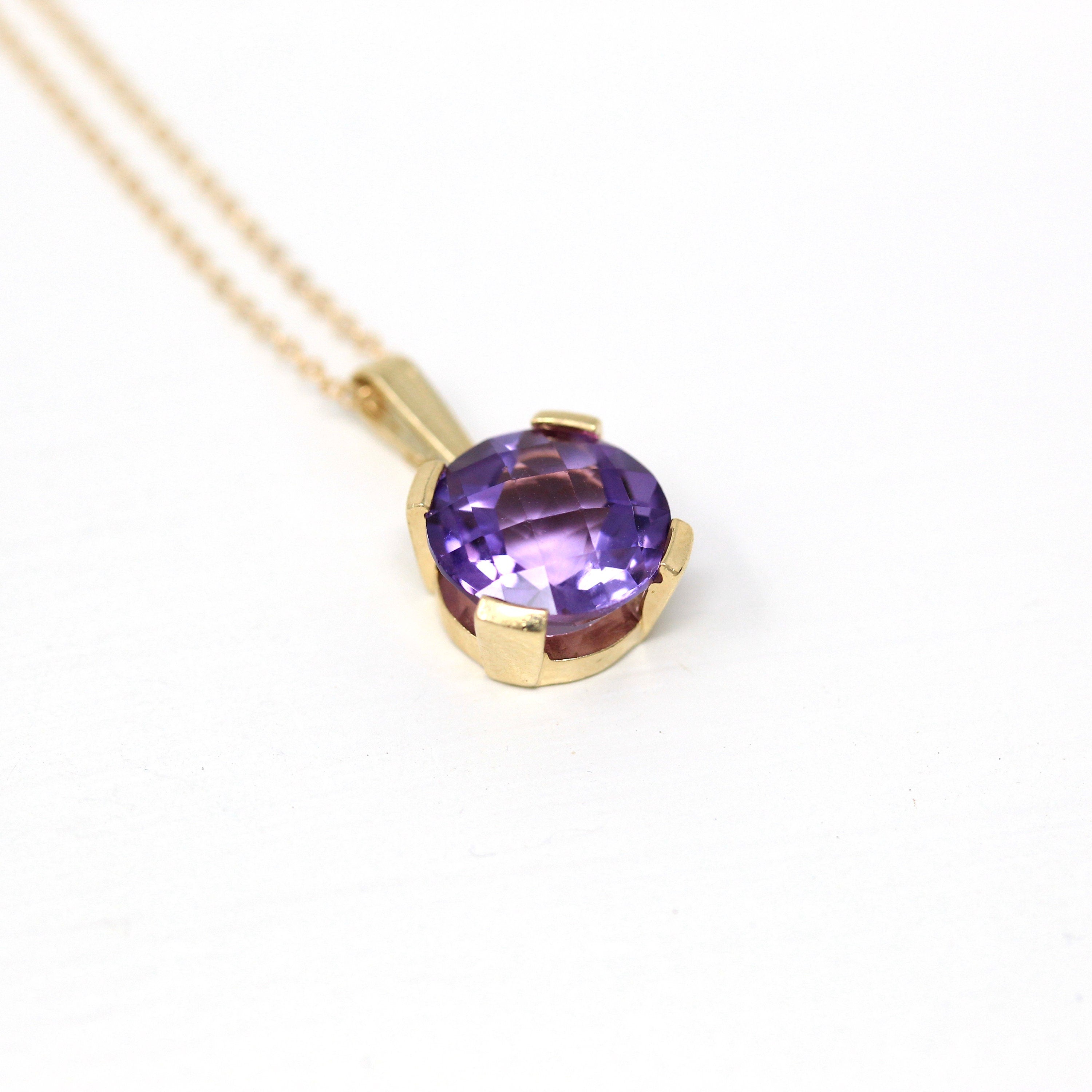 Genuine Amethyst Necklace - Estate 10k Yellow Gold Round Checkerboard Cut Purple Gem Pendant Charm - Modern February Birthstone Fine Jewelry