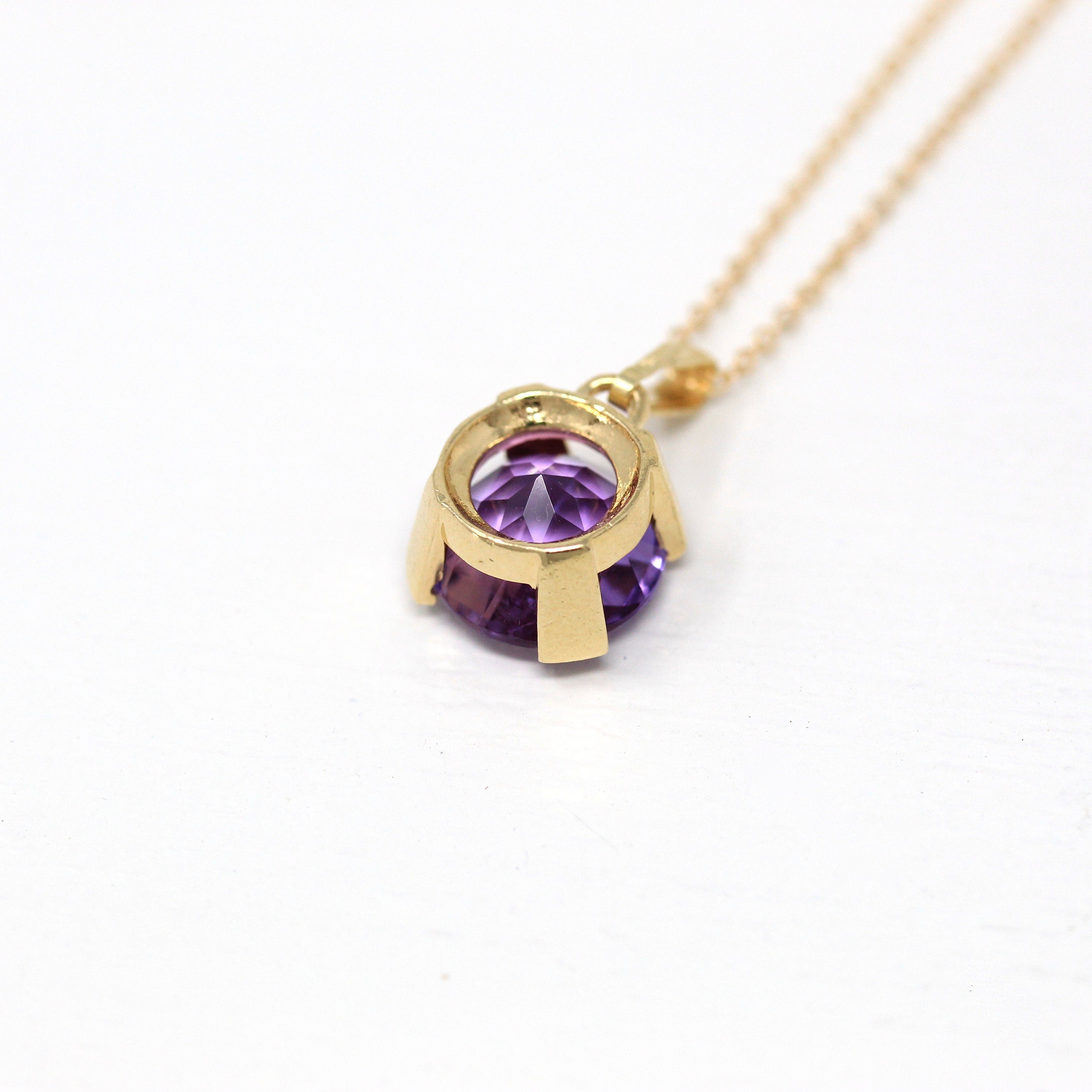 Genuine Amethyst Necklace - Estate 10k Yellow Gold Round Checkerboard Cut Purple Gem Pendant Charm - Modern February Birthstone Fine Jewelry