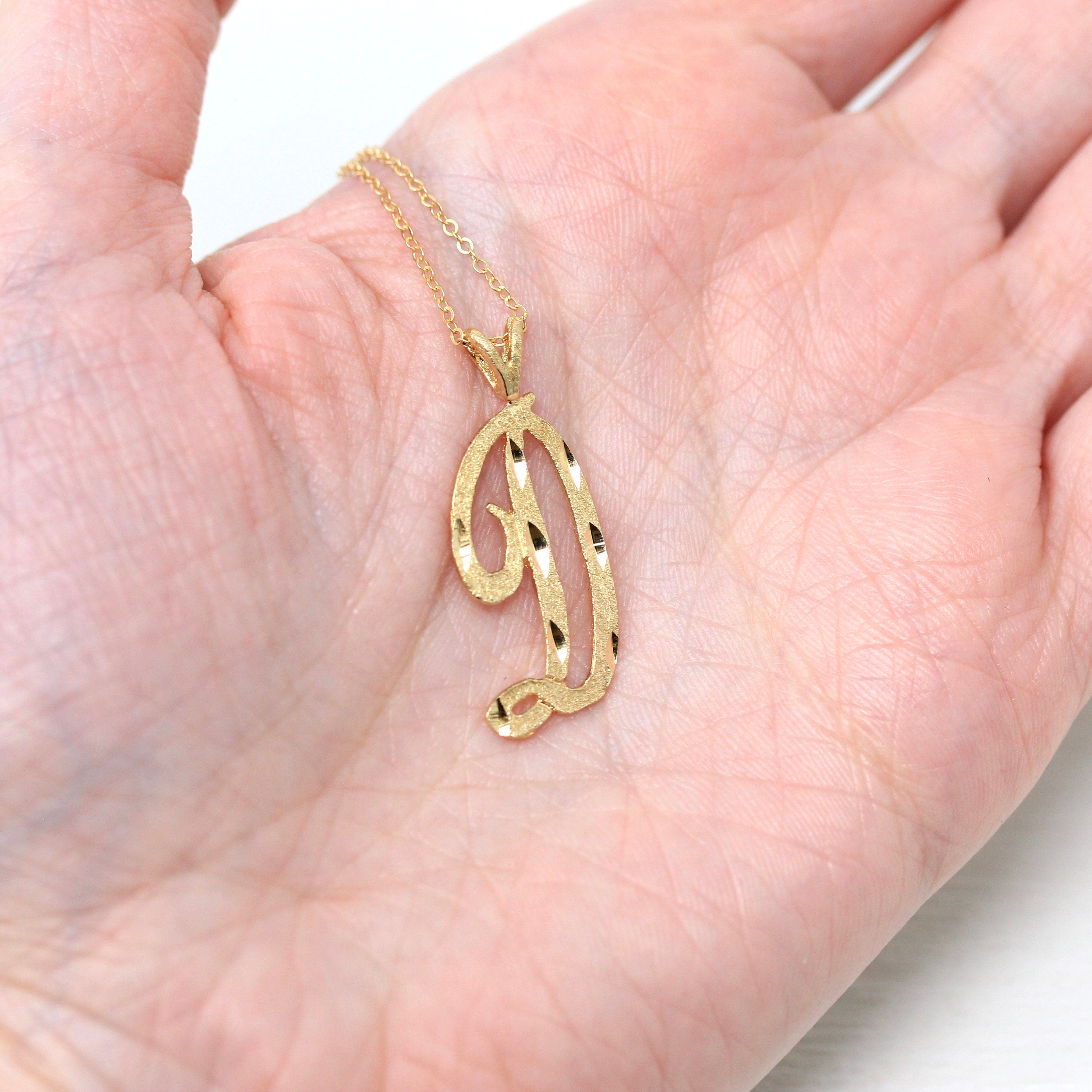 Letter "D" Necklace - Modern 14k Yellow Gold Diamond Cut Charm Pendant - Estate Circa 2000's Era Cursive Single Initial Name Fine Jewelry