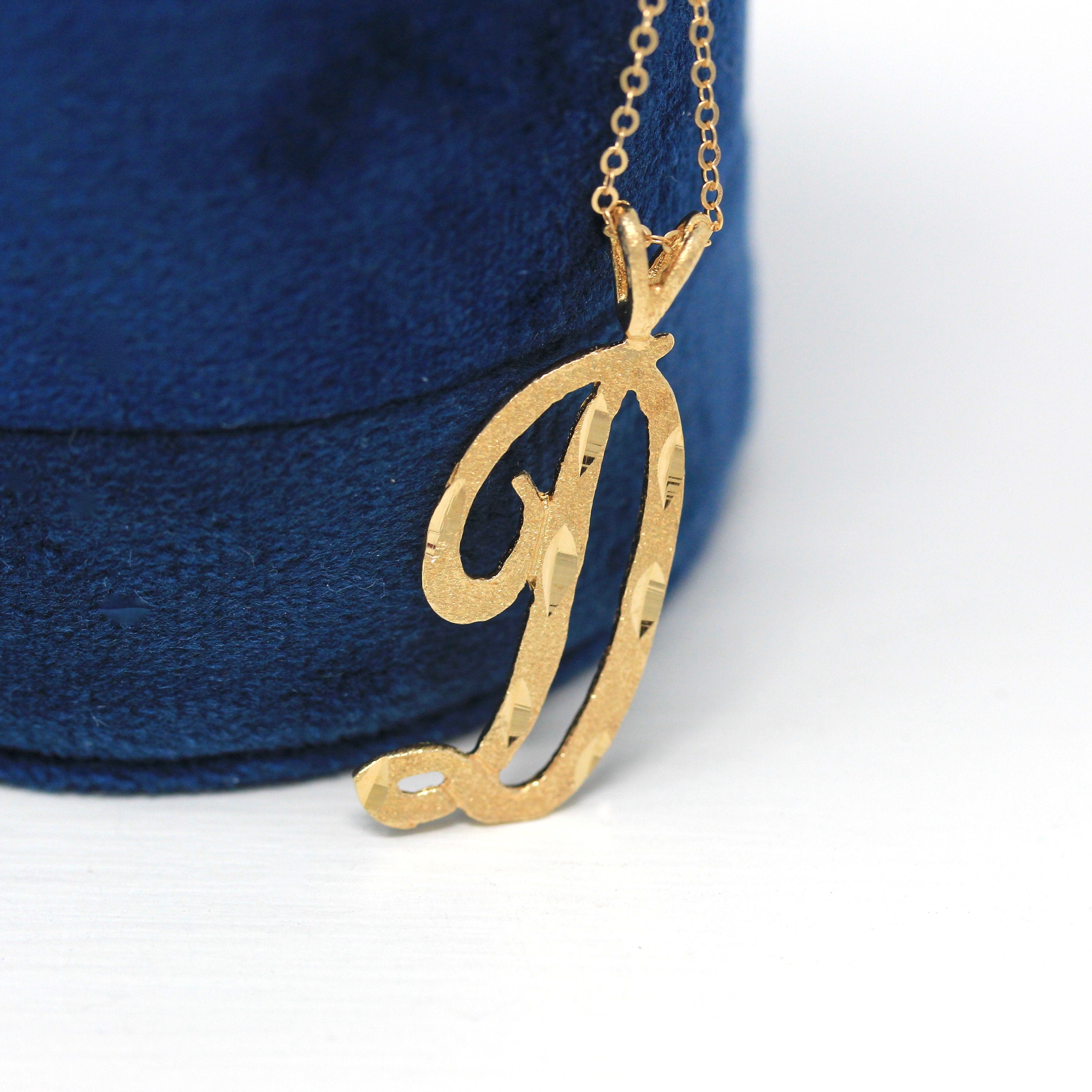 Letter "D" Necklace - Modern 14k Yellow Gold Diamond Cut Charm Pendant - Estate Circa 2000's Era Cursive Single Initial Name Fine Jewelry