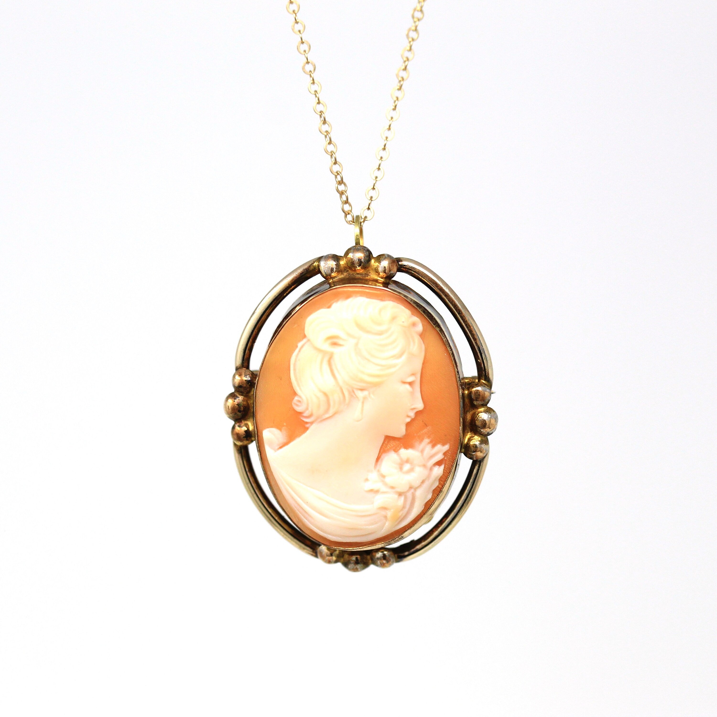 Vintage Cameo Pendant - Retro Gold Filled Carved Shell Floral Oval Shaped Pin - Circa 1940s Era Statement Fashion Accessory Brooch Jewelry