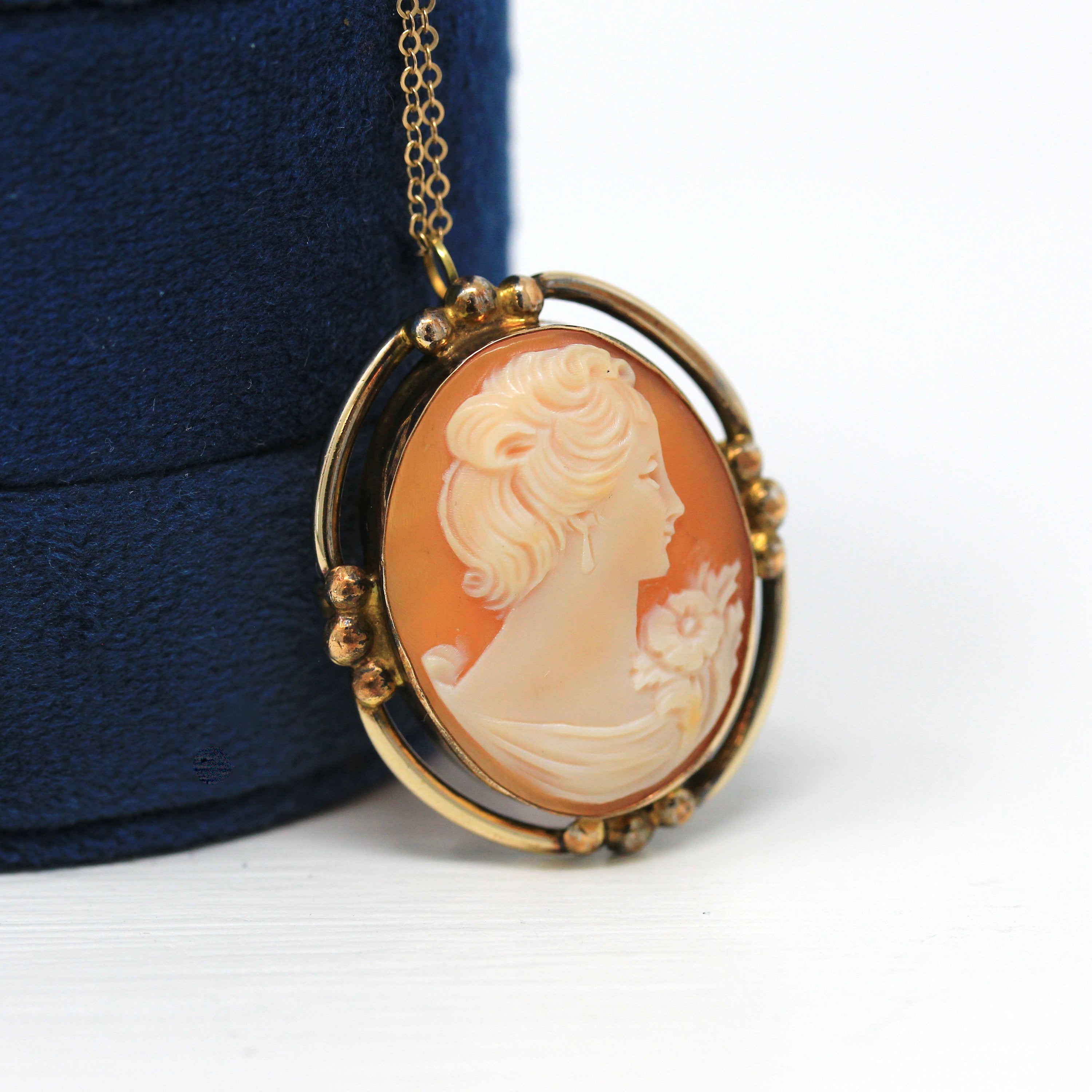 Vintage Cameo Pendant - Retro Gold Filled Carved Shell Floral Oval Shaped Pin - Circa 1940s Era Statement Fashion Accessory Brooch Jewelry