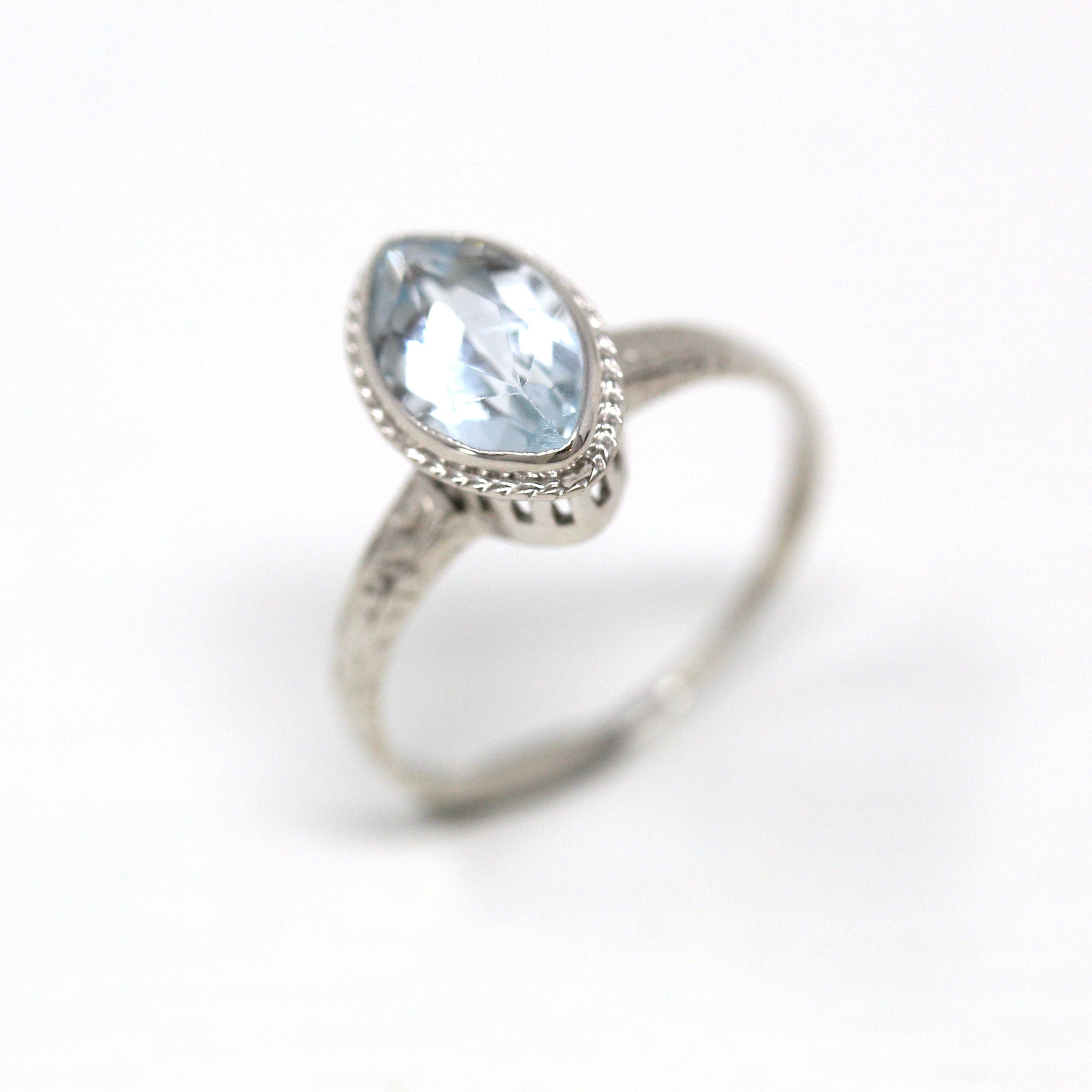 Genuine Aquamarine Ring - Art Deco 14k White Gold Marquise Cut 1.00 CT Blue Gem - Vintage Circa 1930s Era Size 5 March Birthstone Jewelry