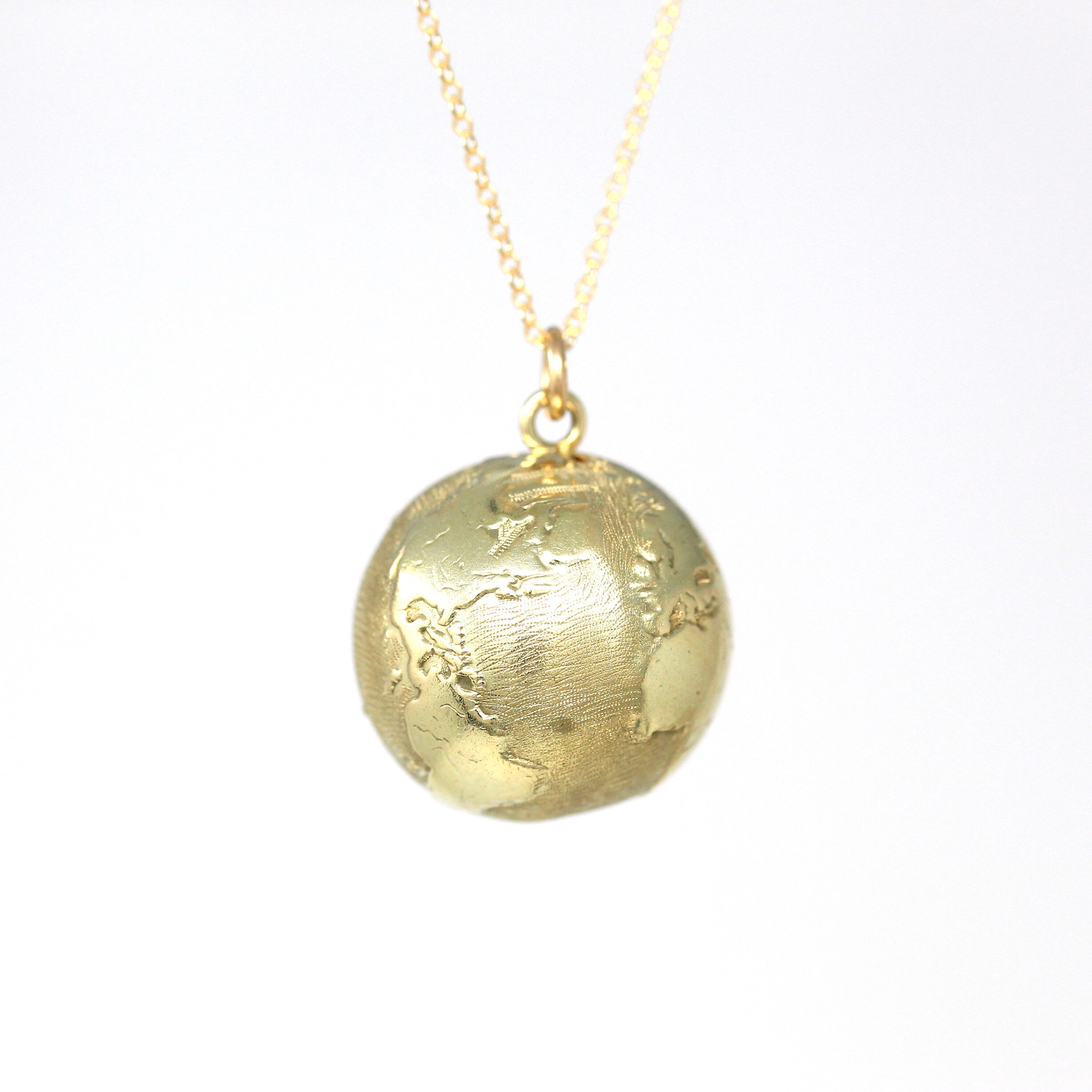 Sale - World Globe Charm - Retro 14k Yellow Gold Figural Round Continents Pendant Necklace - Vintage Circa 1970s Traveling Gift 70s Jewelry