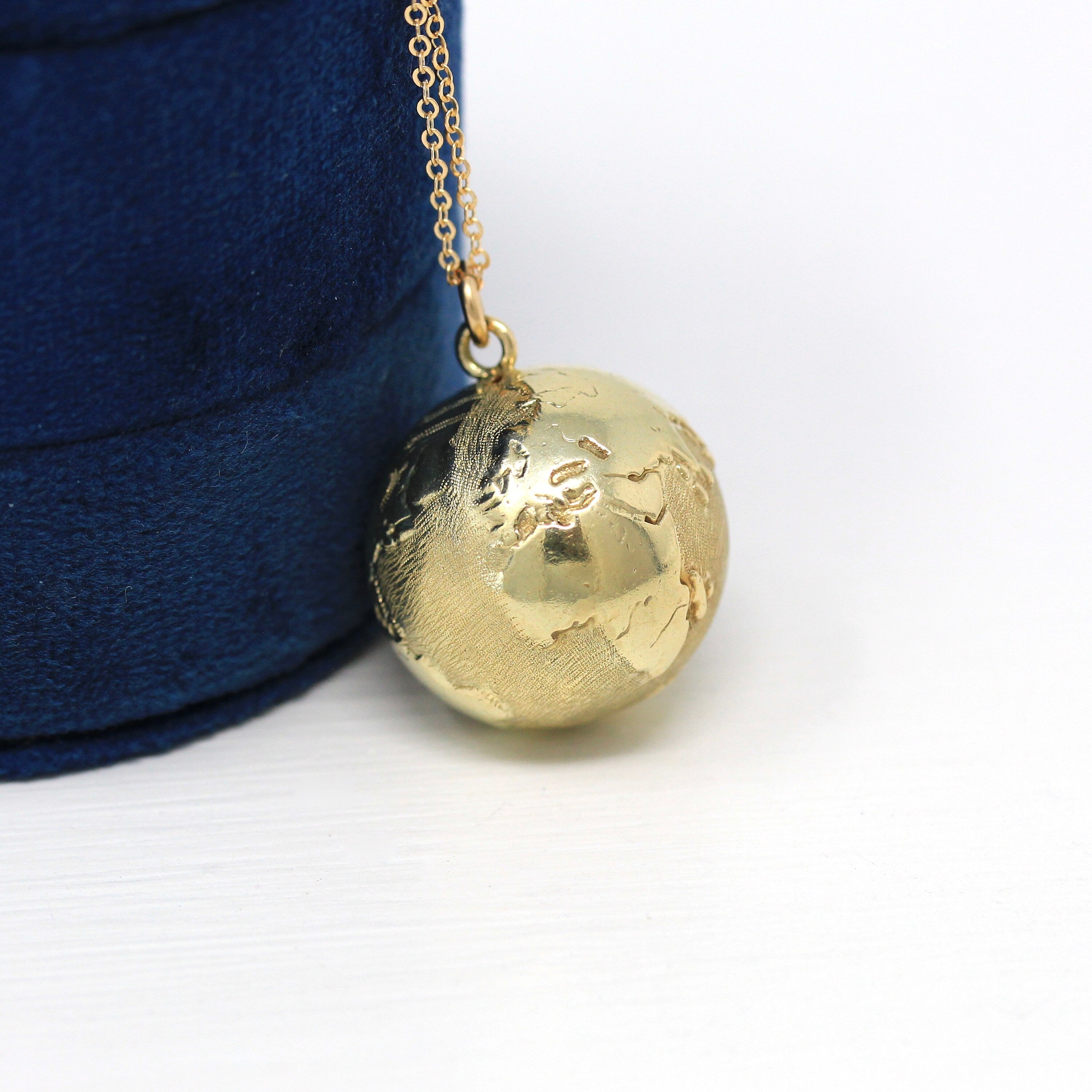 World Globe Charm - Retro 14k Yellow Gold Figural Round Continents Pendant Necklace - Vintage Circa 1970s Traveling Gift 70s Fine Jewelry