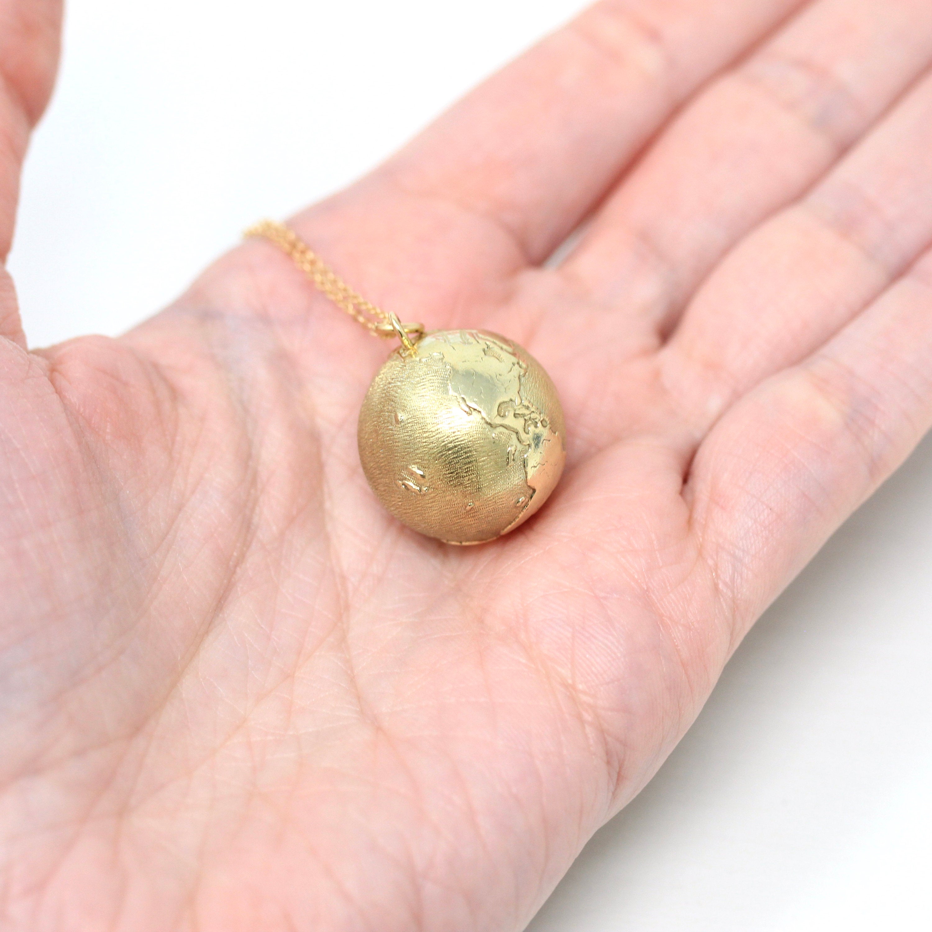 World Globe Charm - Retro 14k Yellow Gold Figural Round Continents Pendant Necklace - Vintage Circa 1970s Traveling Gift 70s Fine Jewelry