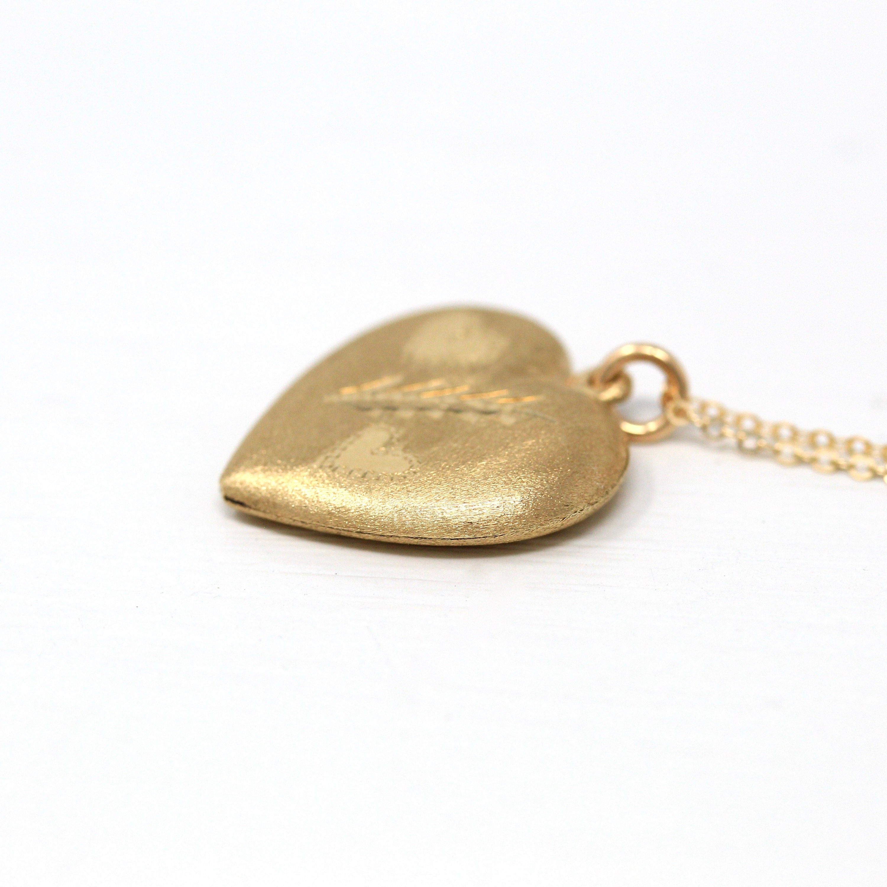 Puffy Heart Pendant - Estate 14k Yellow Gold Hollow Nature Inspired Design Charm Necklace - Vintage Circa 1990s Era Love Gift Fine Jewelry