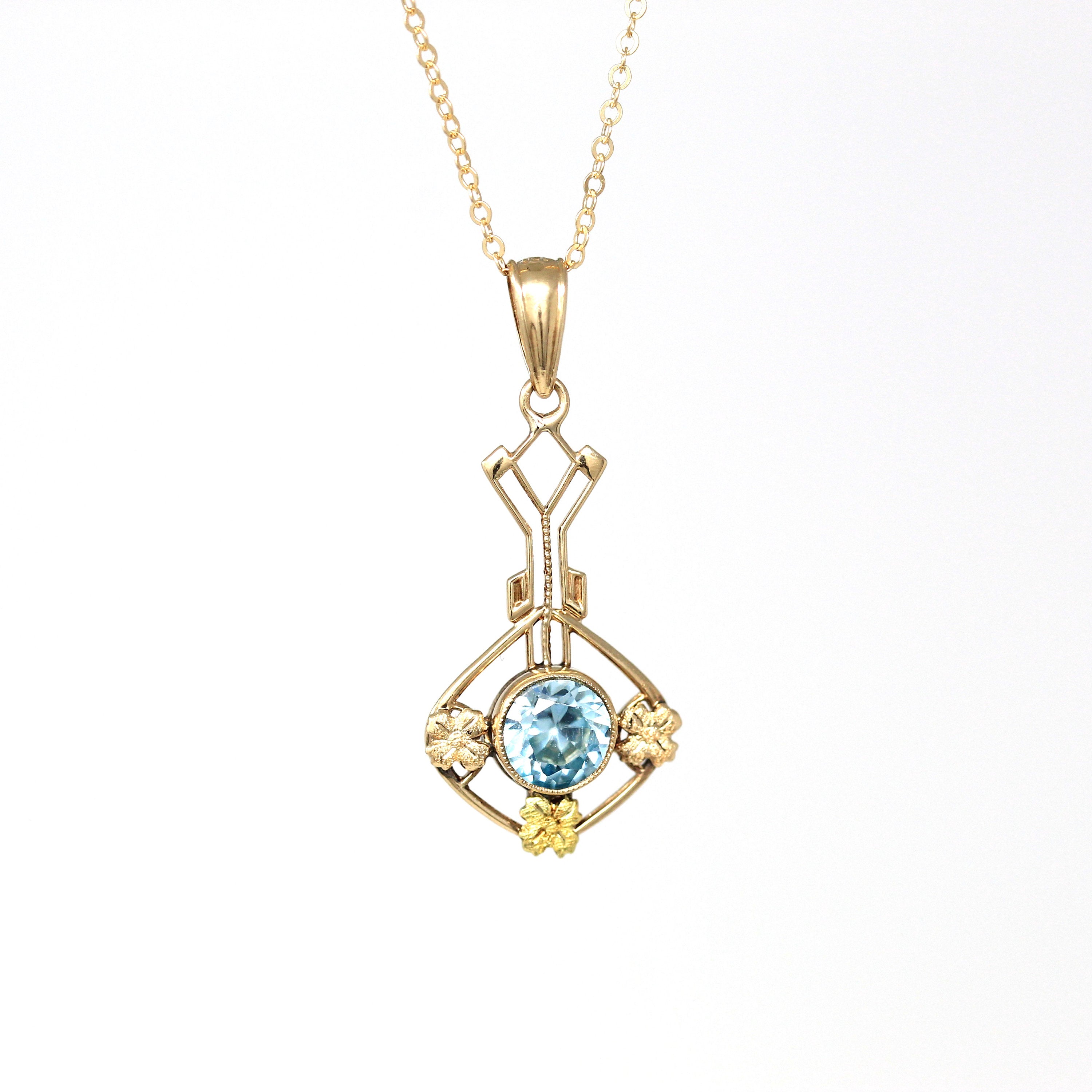 Sale - Blue Zircon Lavalier - Edwardian 10k Yellow Gold Genuine Blue 1.11 CT Gem Pendant - Antique Circa 1910s Floral Ostby Barton Jewelry