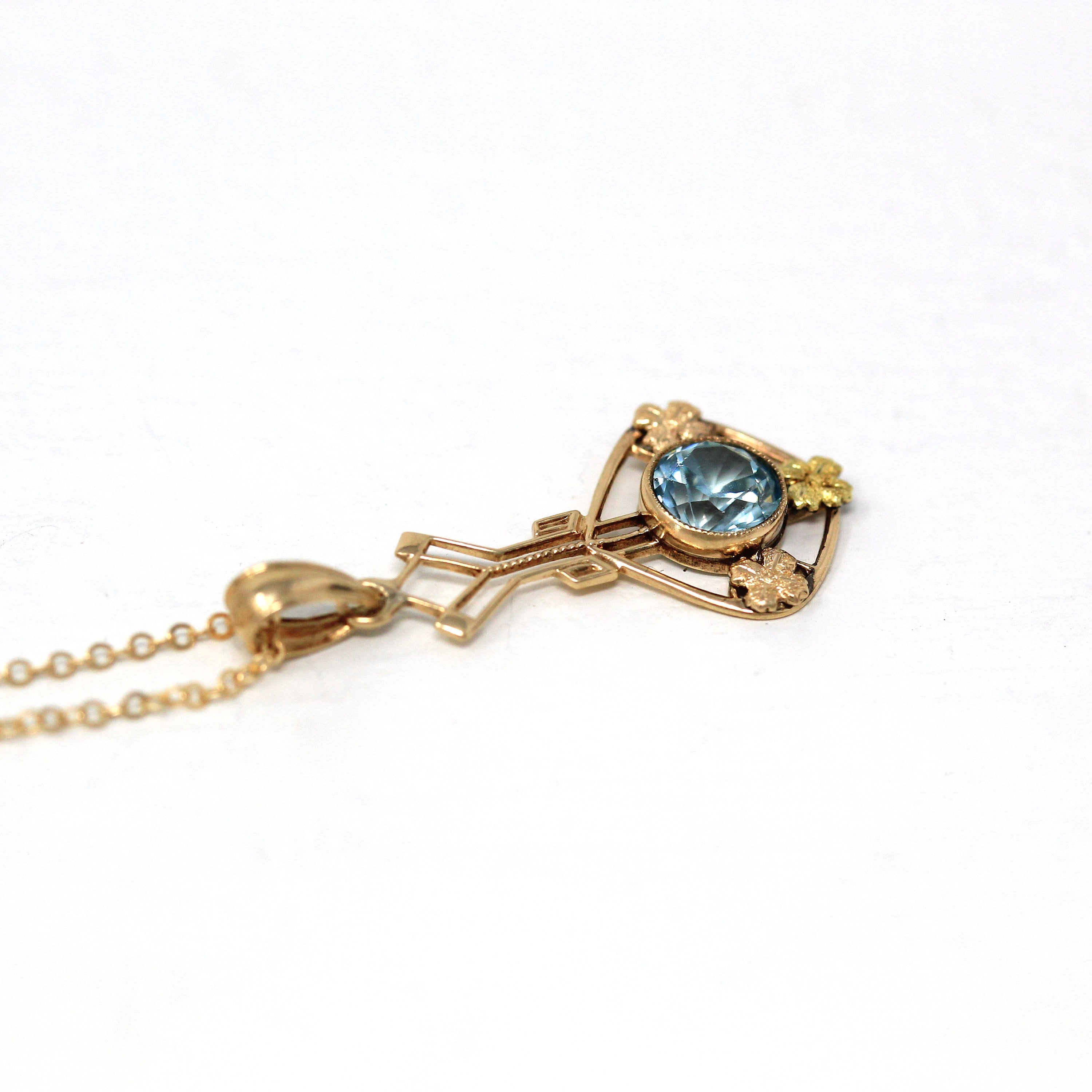 Sale - Blue Zircon Lavalier - Edwardian 10k Yellow Gold Genuine Blue 1.11 CT Gem Pendant - Antique Circa 1910s Floral Ostby Barton Jewelry