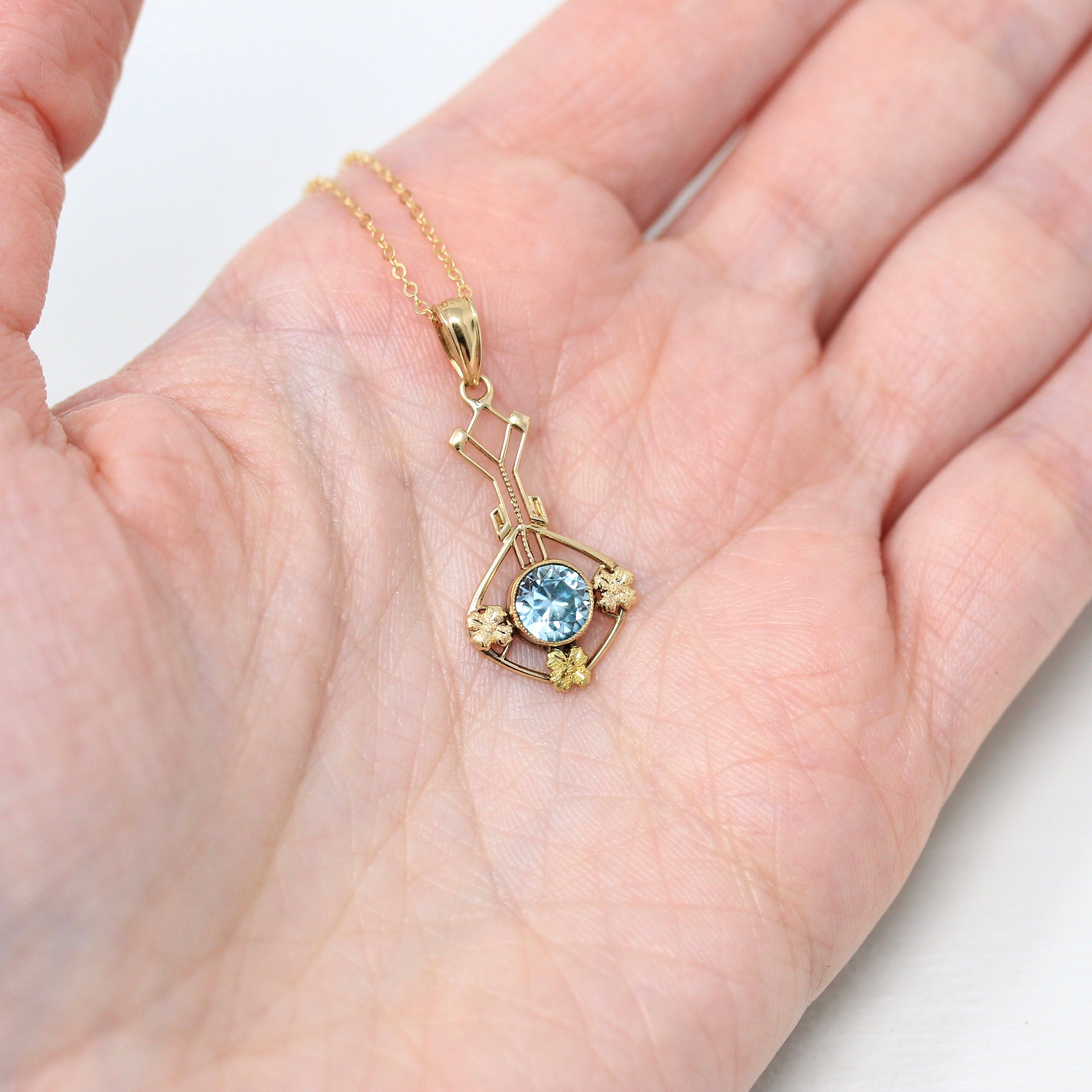 Sale - Blue Zircon Lavalier - Edwardian 10k Yellow Gold Genuine Blue 1.11 CT Gem Pendant - Antique Circa 1910s Floral Ostby Barton Jewelry