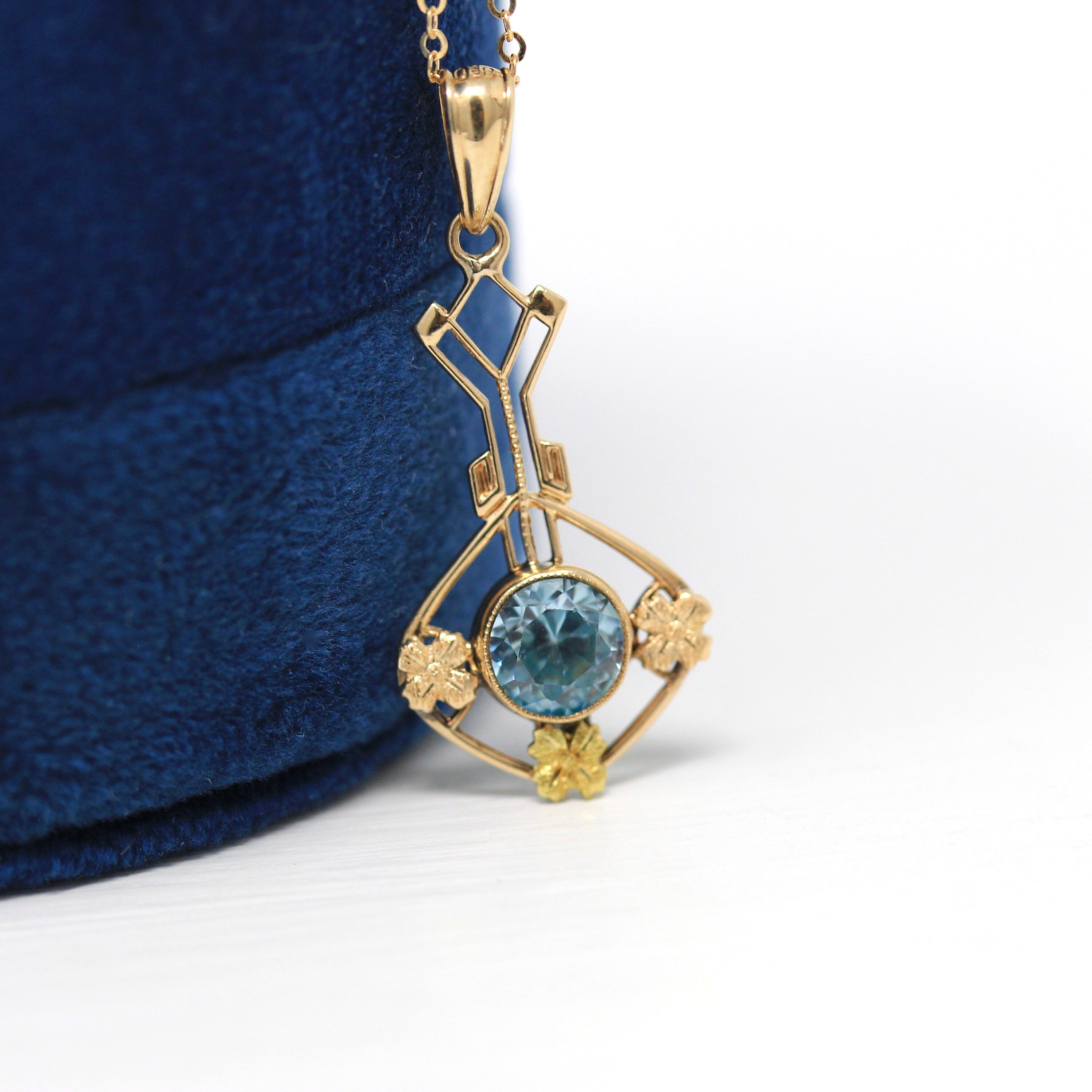 Sale - Blue Zircon Lavalier - Edwardian 10k Yellow Gold Genuine Blue 1.11 CT Gem Pendant - Antique Circa 1910s Floral Ostby Barton Jewelry