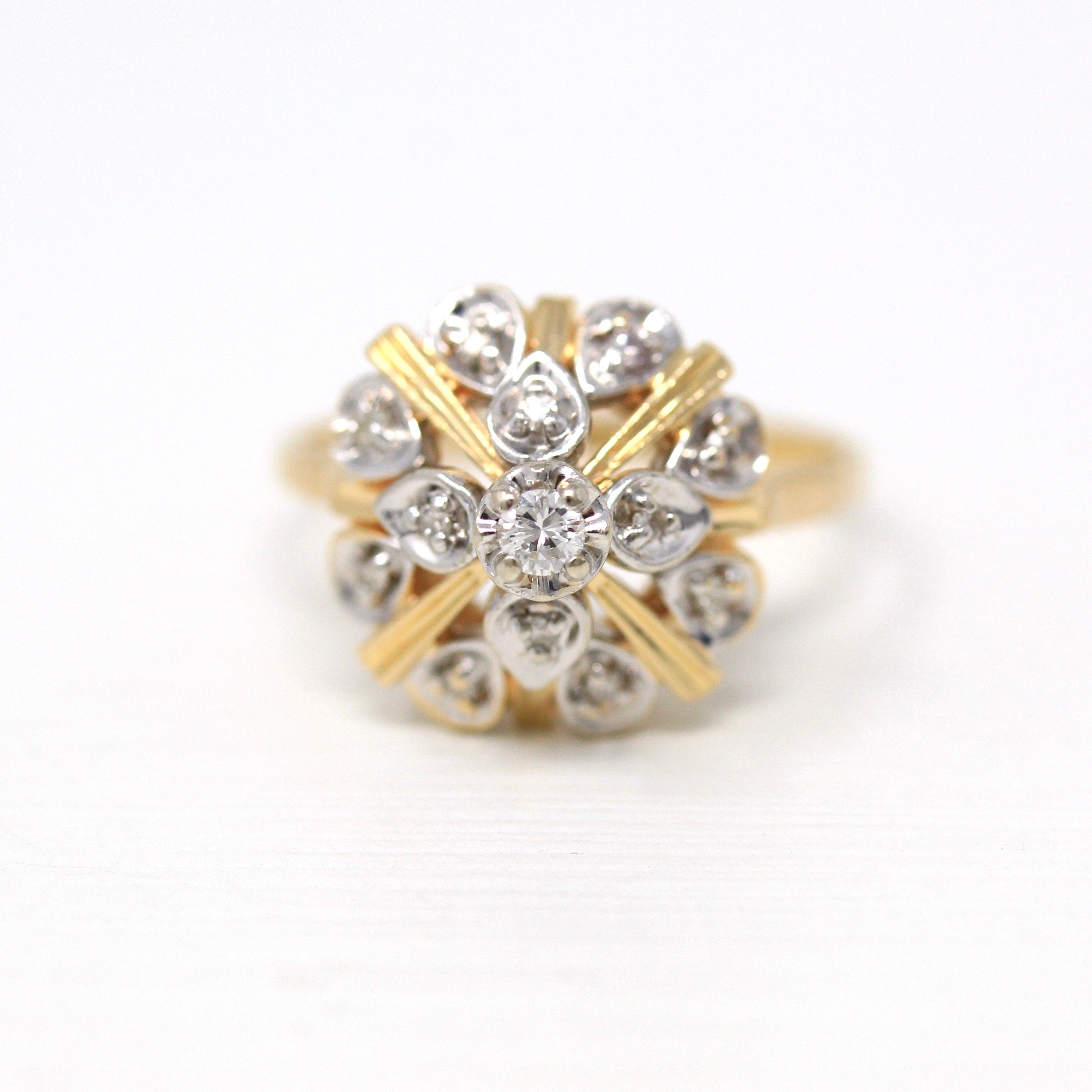 Sale - Thai Princess Style Ring - Retro 14k Yellow & White Gold Genuine .19 CTW Diamond Gem - Vintage Circa 1960s Size 8.5 Statement Jewelry